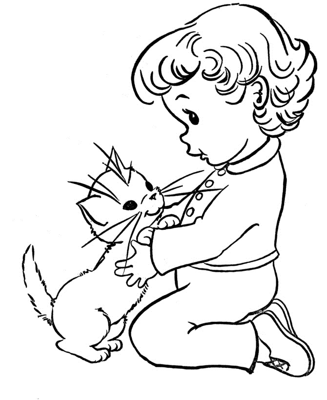 Девочка и котенок №3397. Популярные раскраски. Животные, рыбы, насекомые.