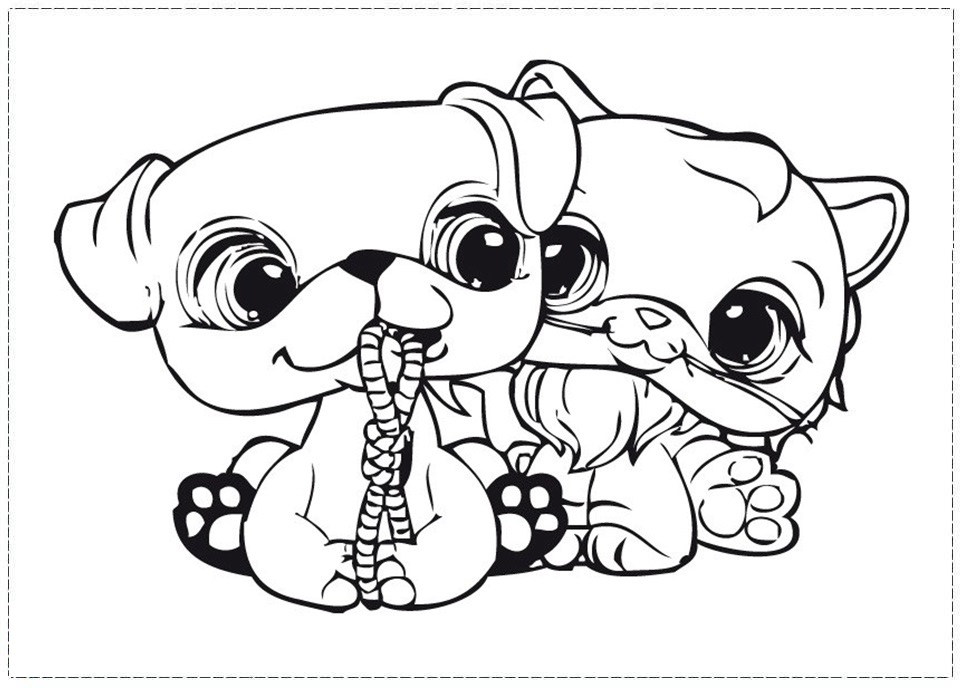 Кошка играет с щенком №3809. Популярные раскраски. Животные, рыбы, насекомые.