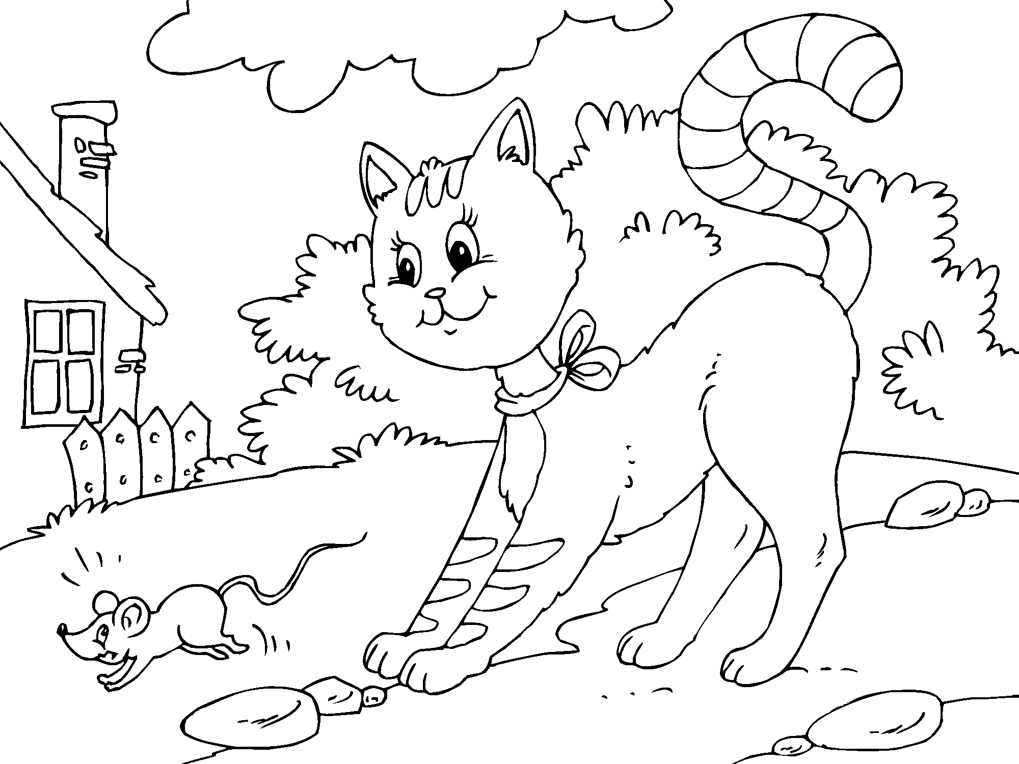 Кот и мышка на ферме №3614. Популярные раскраски. Животные, рыбы, насекомые.