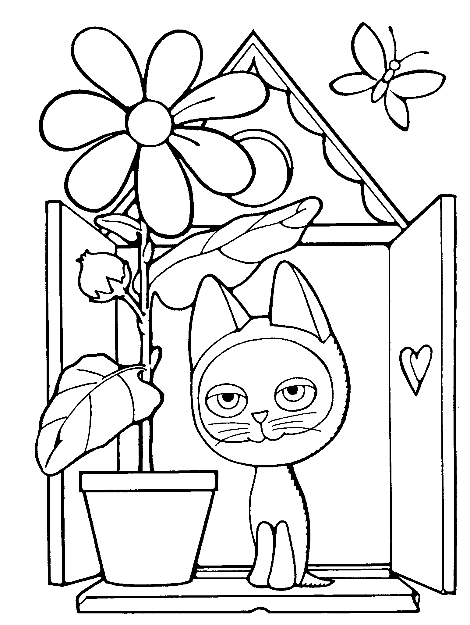 Котенок на окошке с цветком №3606. Популярные раскраски. Животные, рыбы, насекомые.