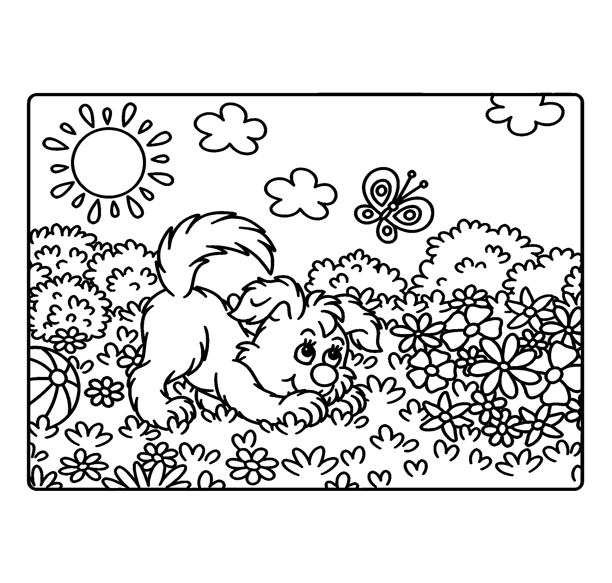 Щенок играет на поляне №8168. Популярные раскраски. Собаки и щенки.