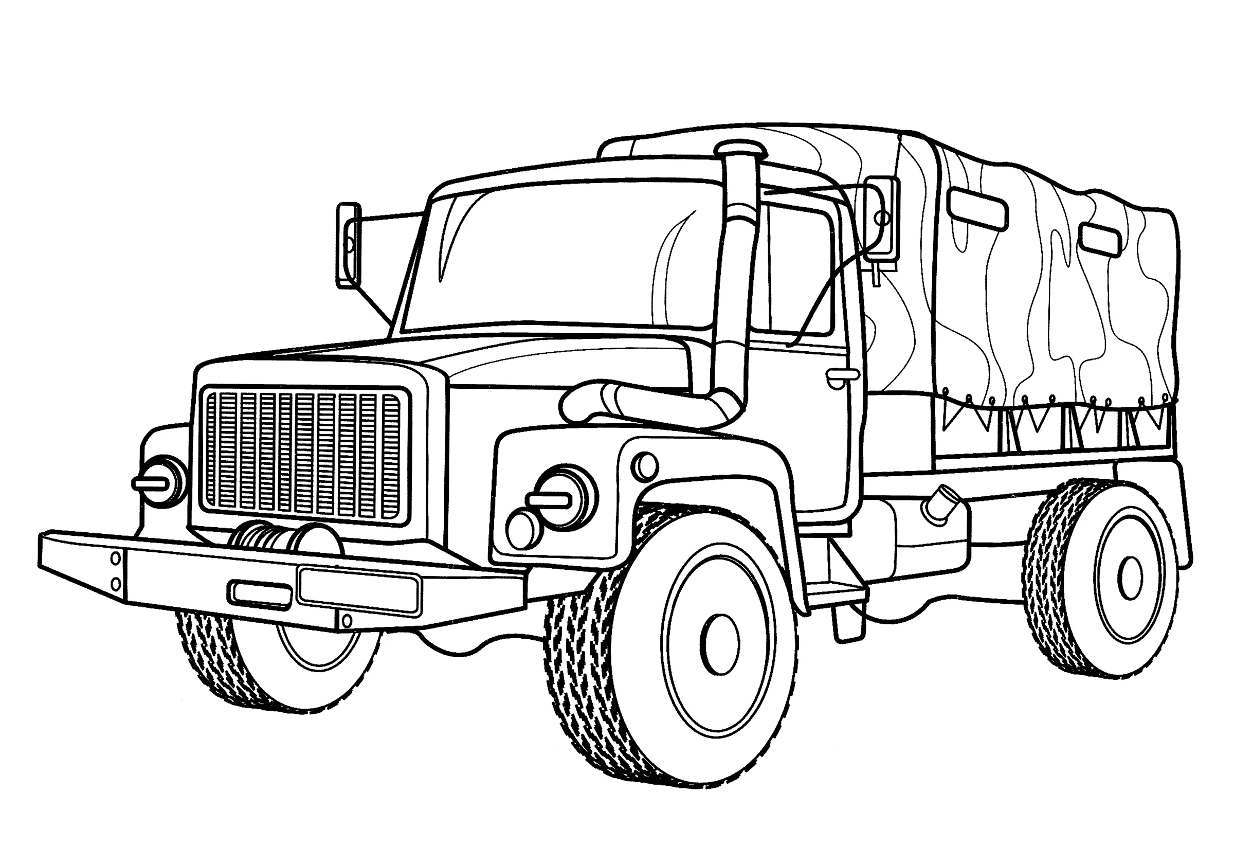 Армейский грузовик ГАЗ-33097 "Садко №15053. Раскраски по возрастам и полу. Раскраски для мальчиков (техника).