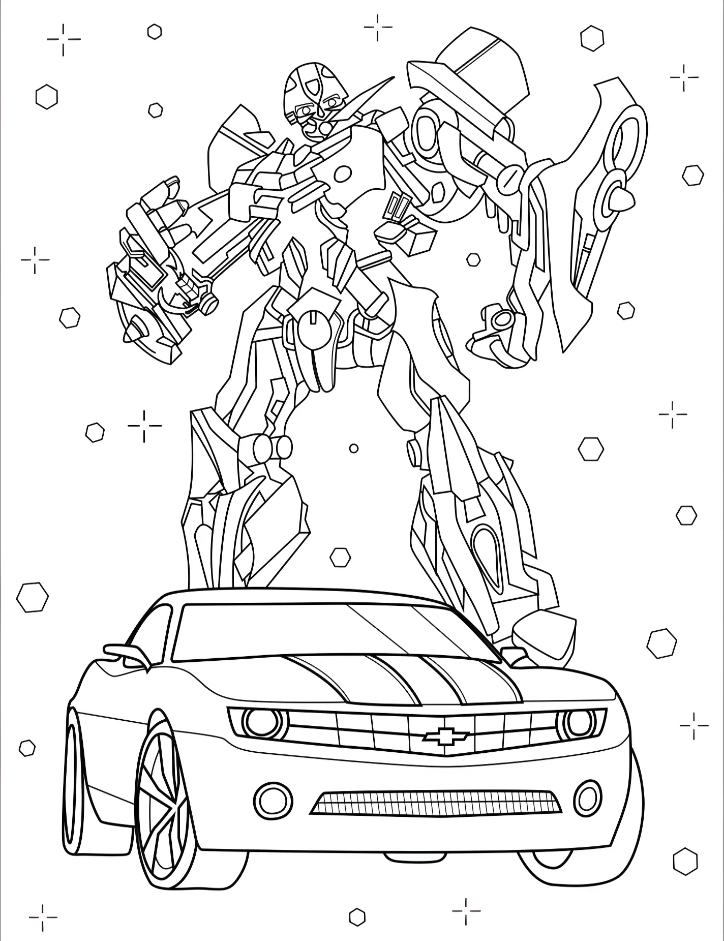Робот Бамблби с автомобилем Camaro для детей №10195. Раскраски из мультиков. Трансформеры (Transformers).