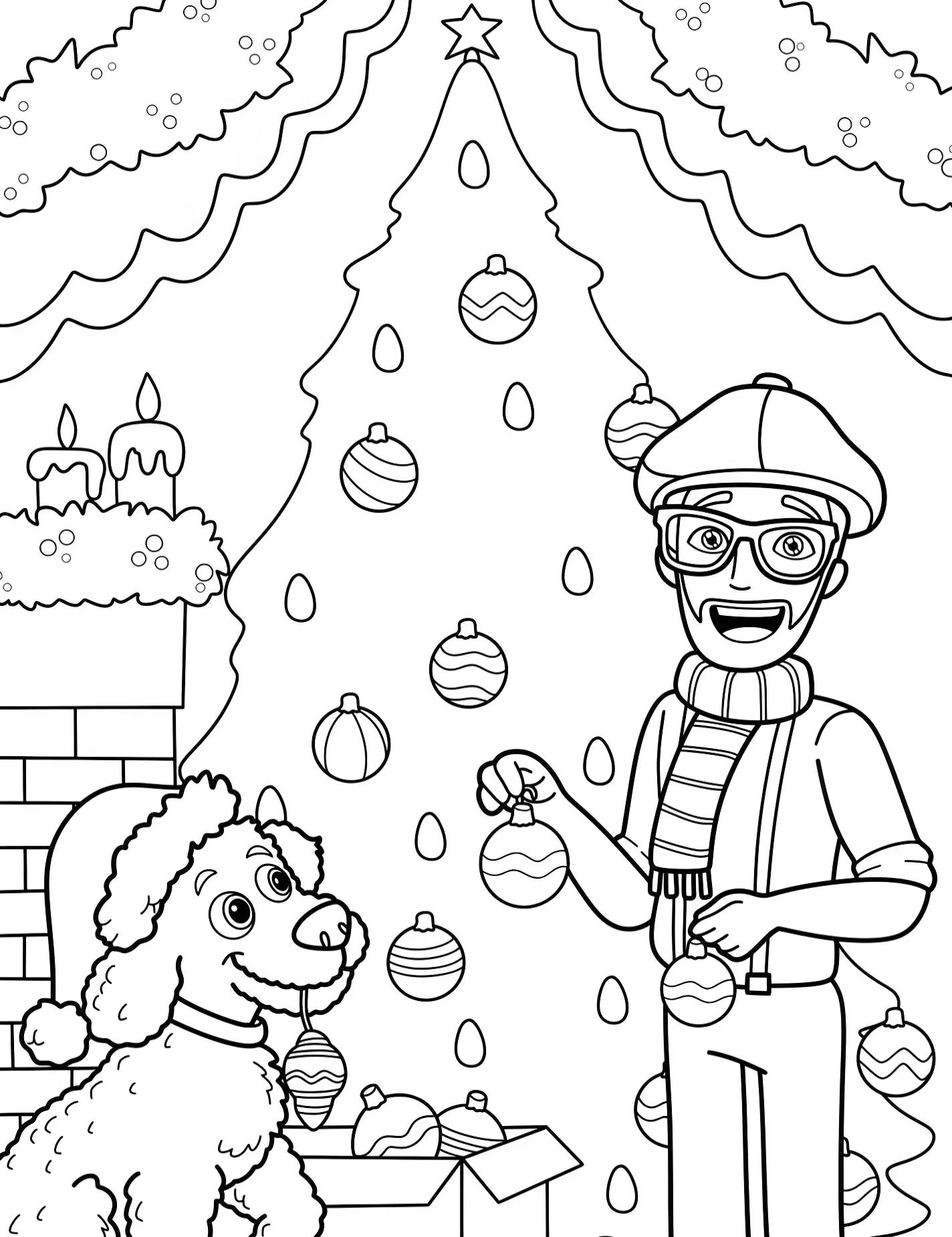 Блиппи и собака с новогодней ёлкой №8484. Раскраски из мультиков. Блиппи (Blippi).
