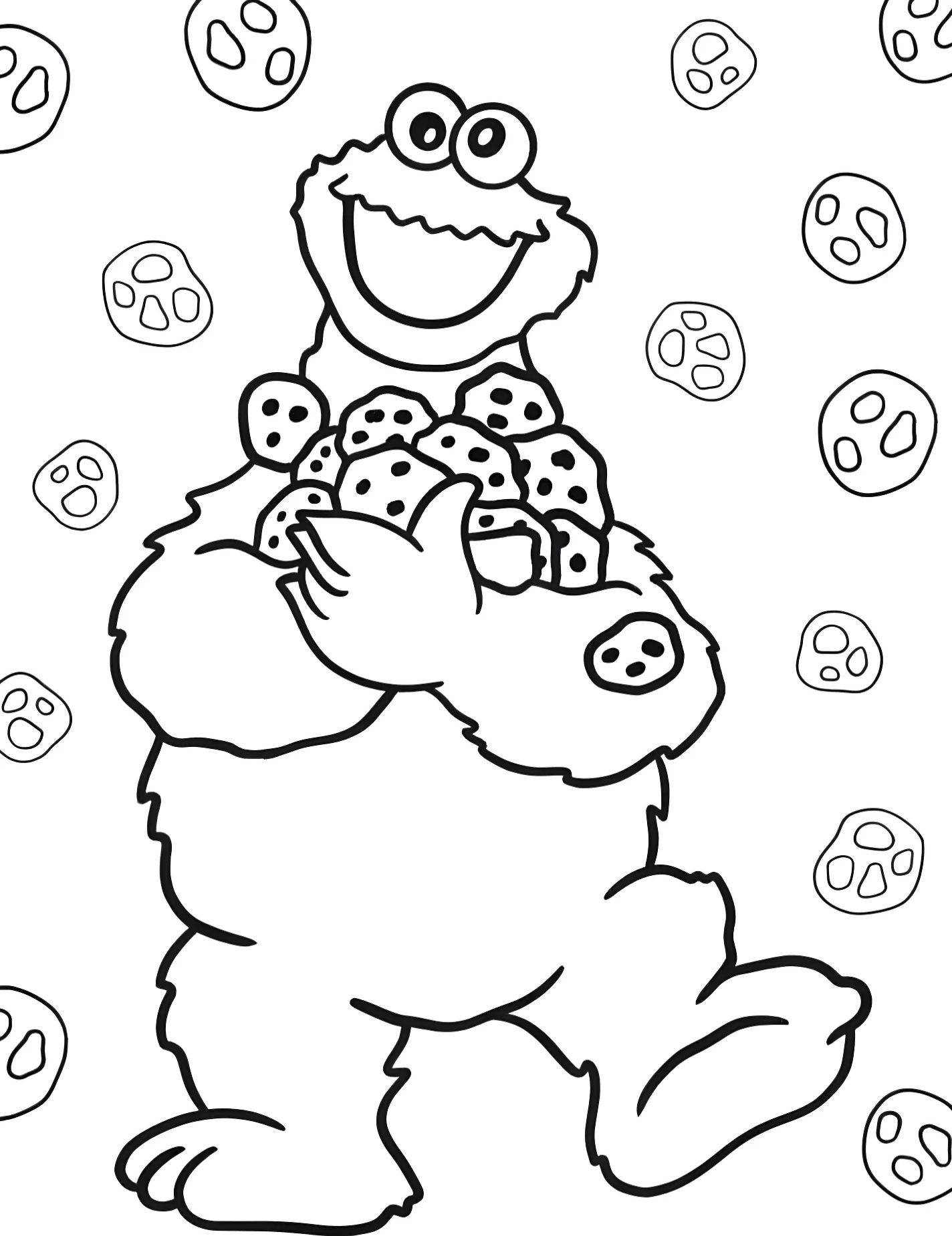 Веселый Cookie Monster с печеньками для детей №9761. Раскраски из мультиков. Улица Сезам (Sesame Street).