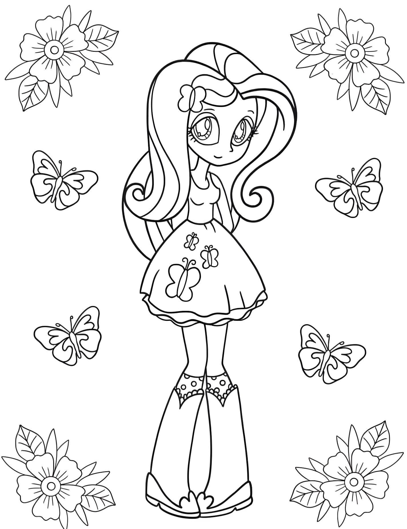 Милая Fluttershy из Equestria Girls для детей №9201. Раскраски из мультиков. Мой маленький пони (My Little Pony).