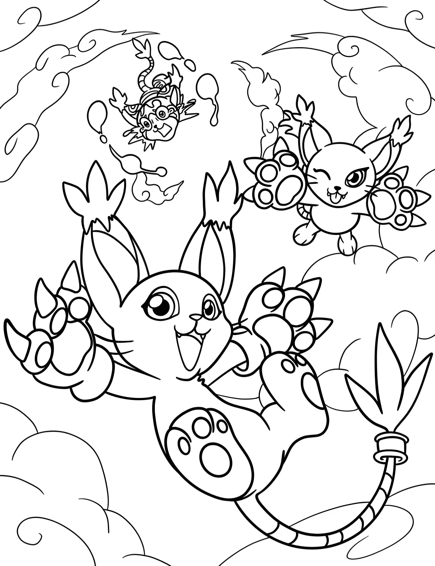 Веселые дигимоны падают с неба №8717. Раскраски из мультиков. Дигимон (Digimon).