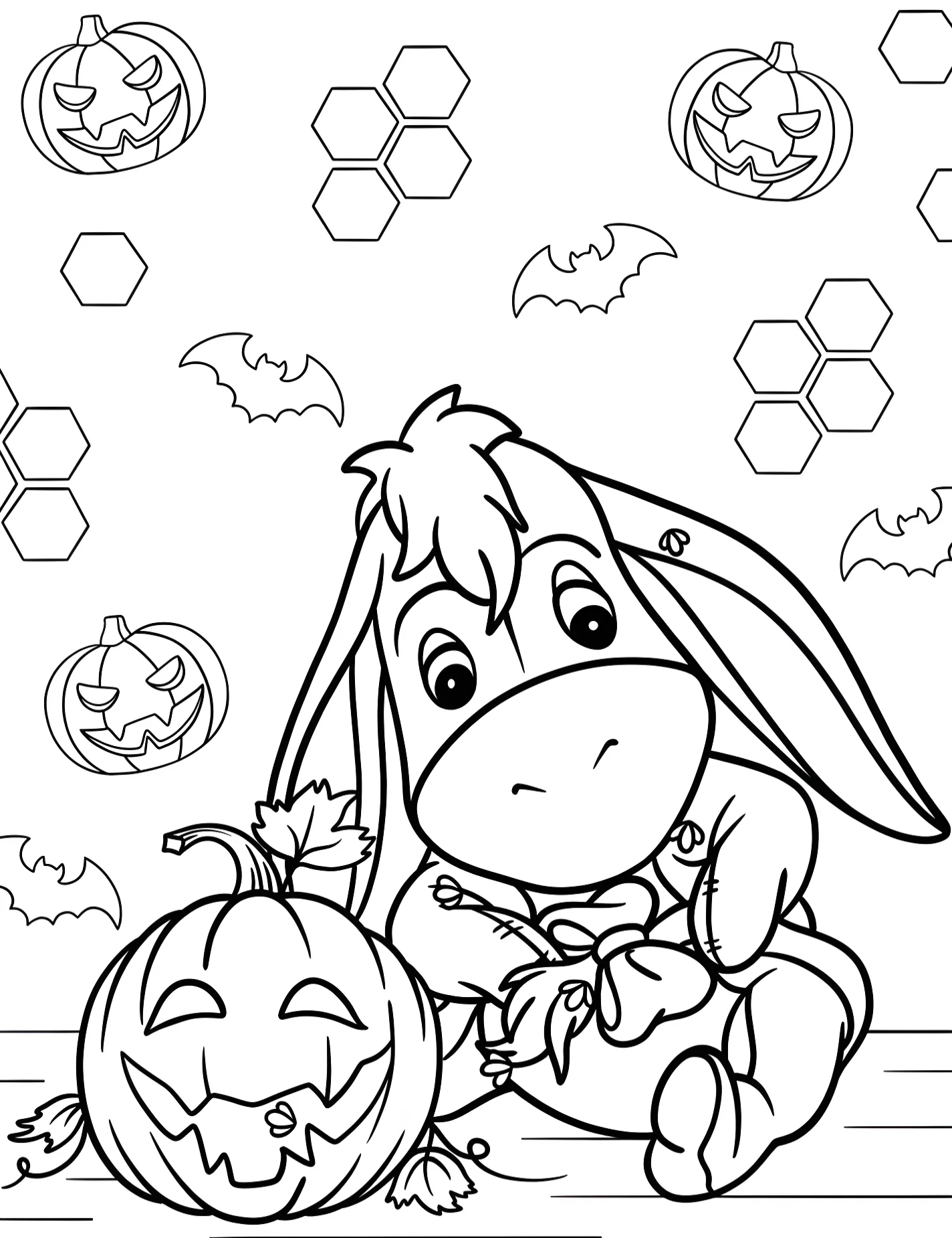 Ослик Иа с тыквой на Хэллоуин №8823. Раскраски из мультиков. Иа-Иа (Eeyore).