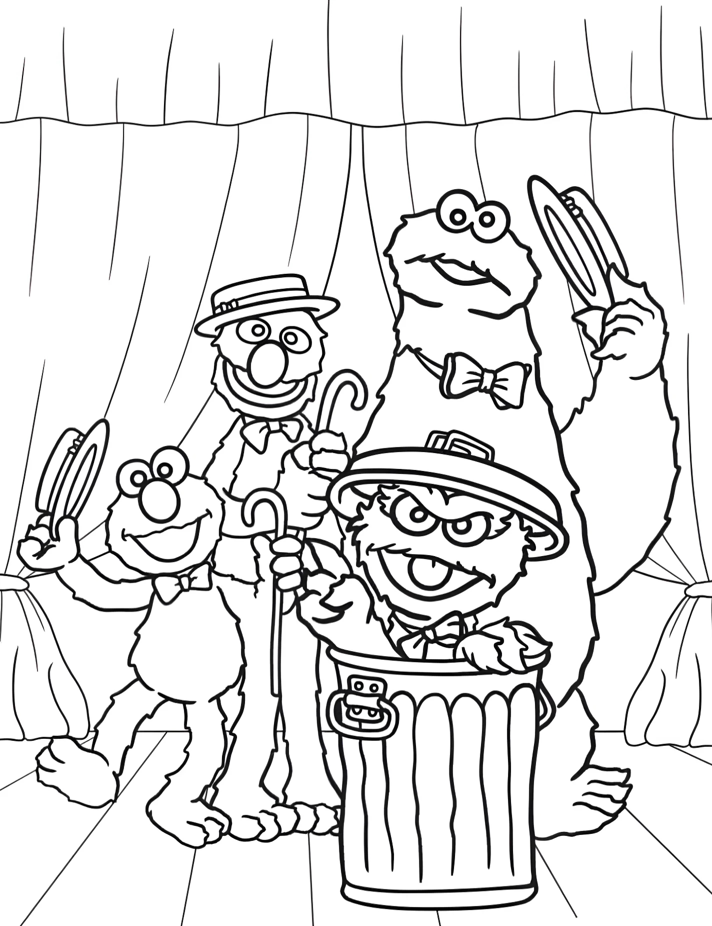 Веселые персонажи Sesame Street на сцене №9765. Раскраски из мультиков. Улица Сезам (Sesame Street).