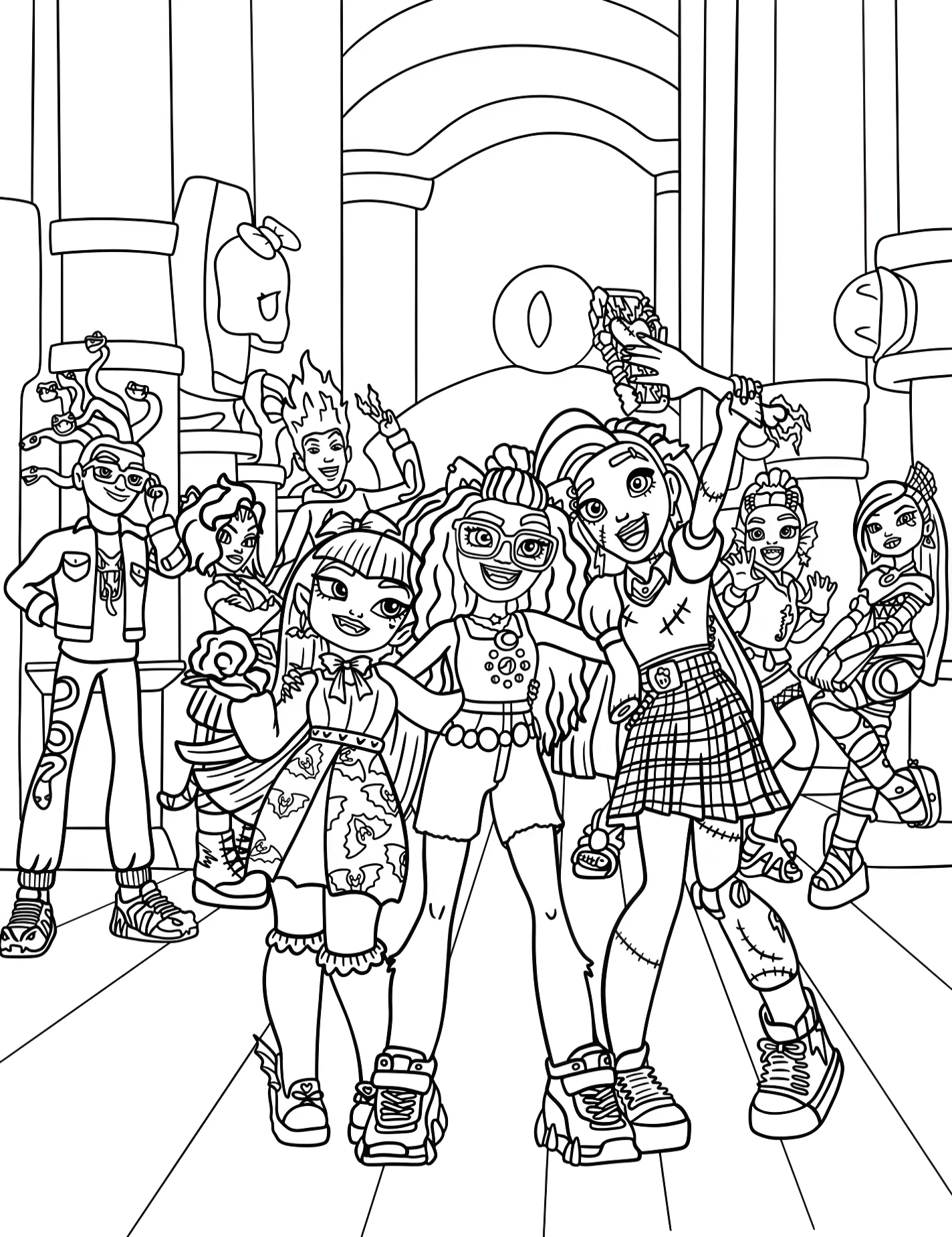 Весёлая компания Monster High для детей №9153. Раскраски из мультиков. Школа монстров (Monster High).