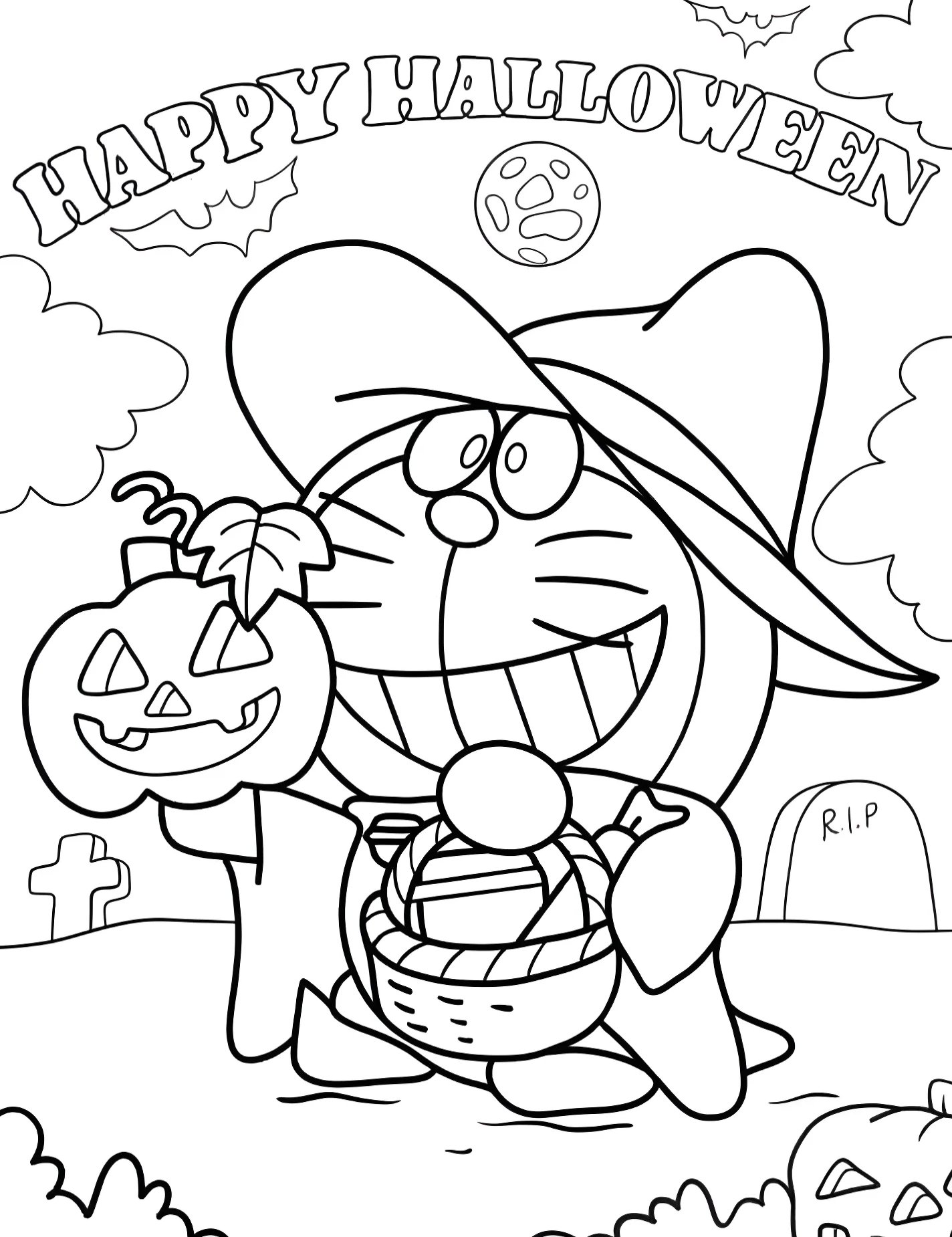 Веселый Дораэмон на Хэллоуин для детей №8802. Раскраски из мультиков. Дораэмон (Doraemon).