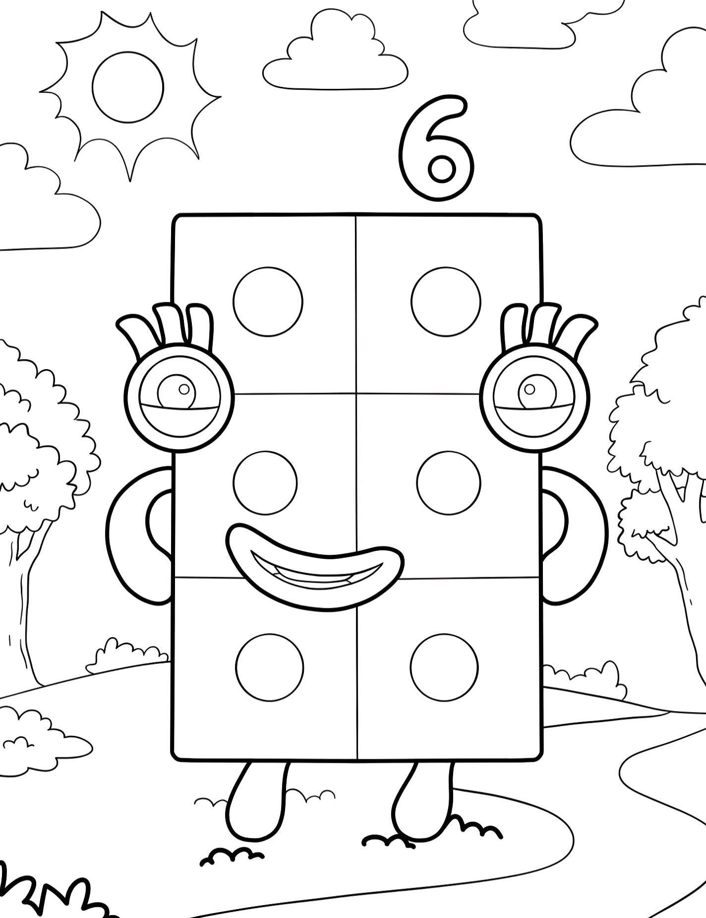 Веселый Numberblock 6 для малышей №9257. Раскраски из мультиков. Нумерблоки (Numberblocks).