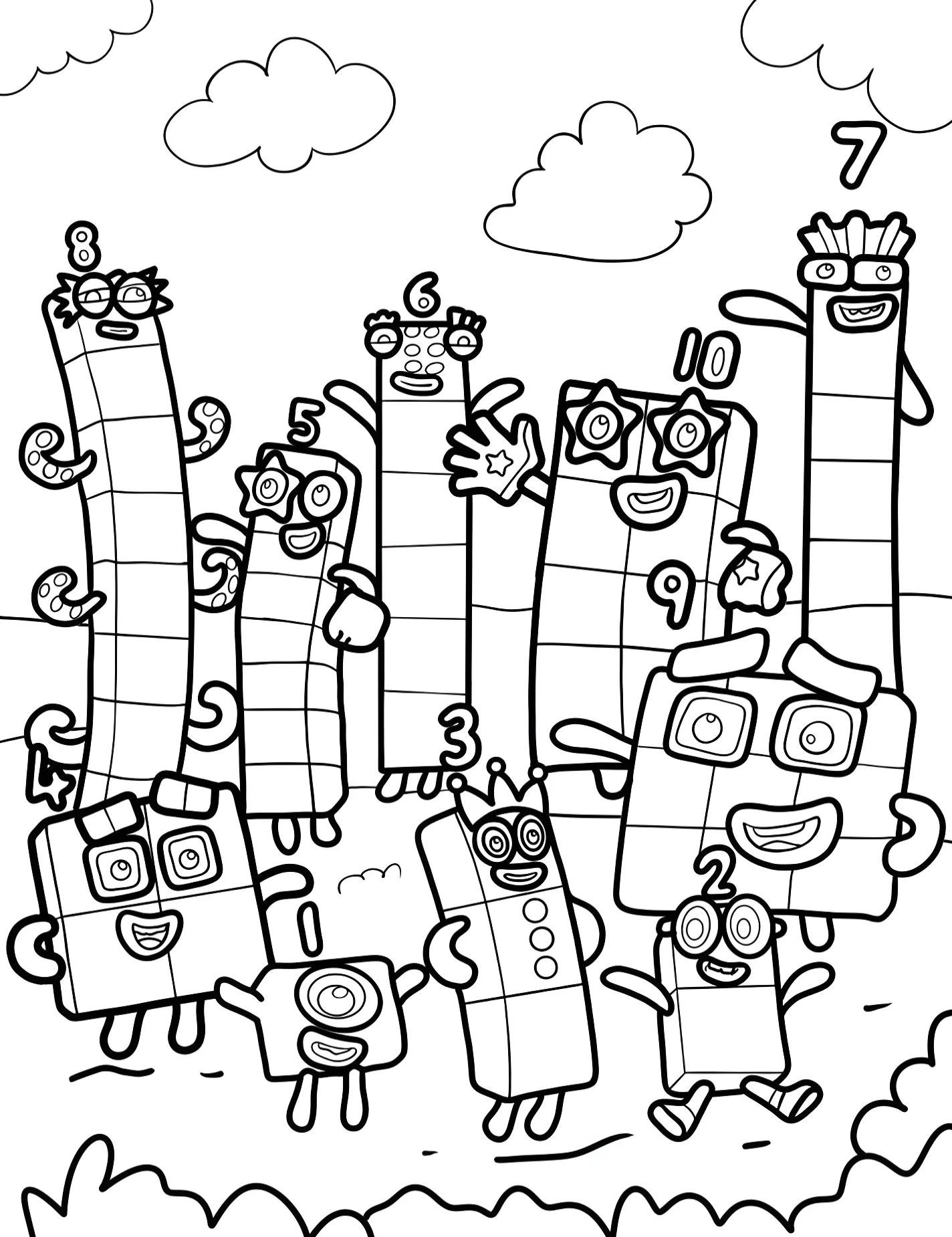 Веселые Numberblocks от одного до десяти №9261. Раскраски из мультиков. Нумерблоки (Numberblocks).