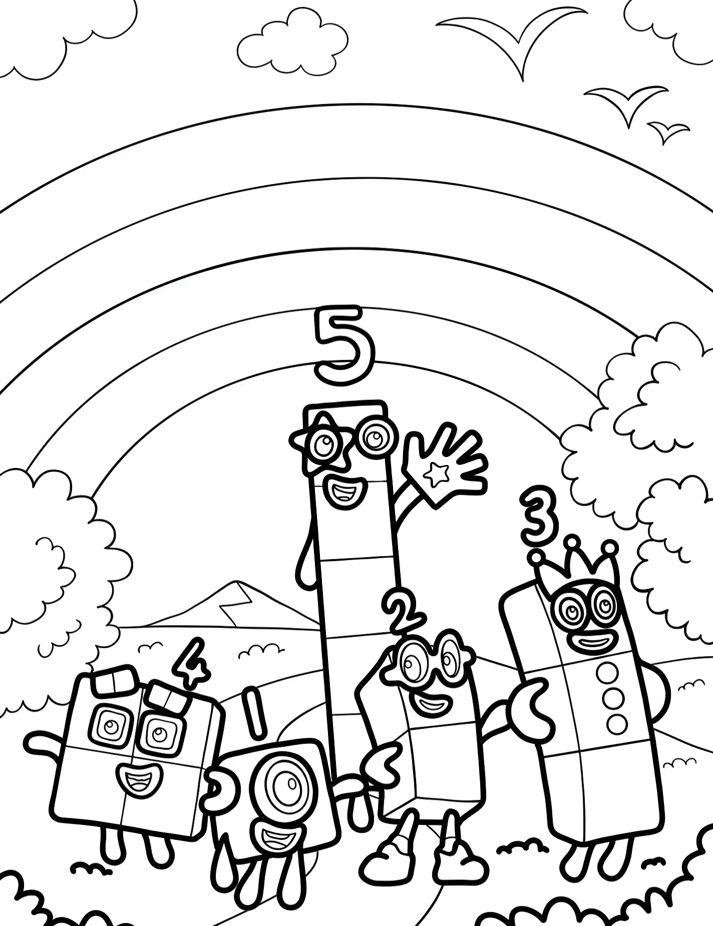 Весёлые Numberblocks с радугой для детей №9262. Раскраски из мультиков. Нумерблоки (Numberblocks).