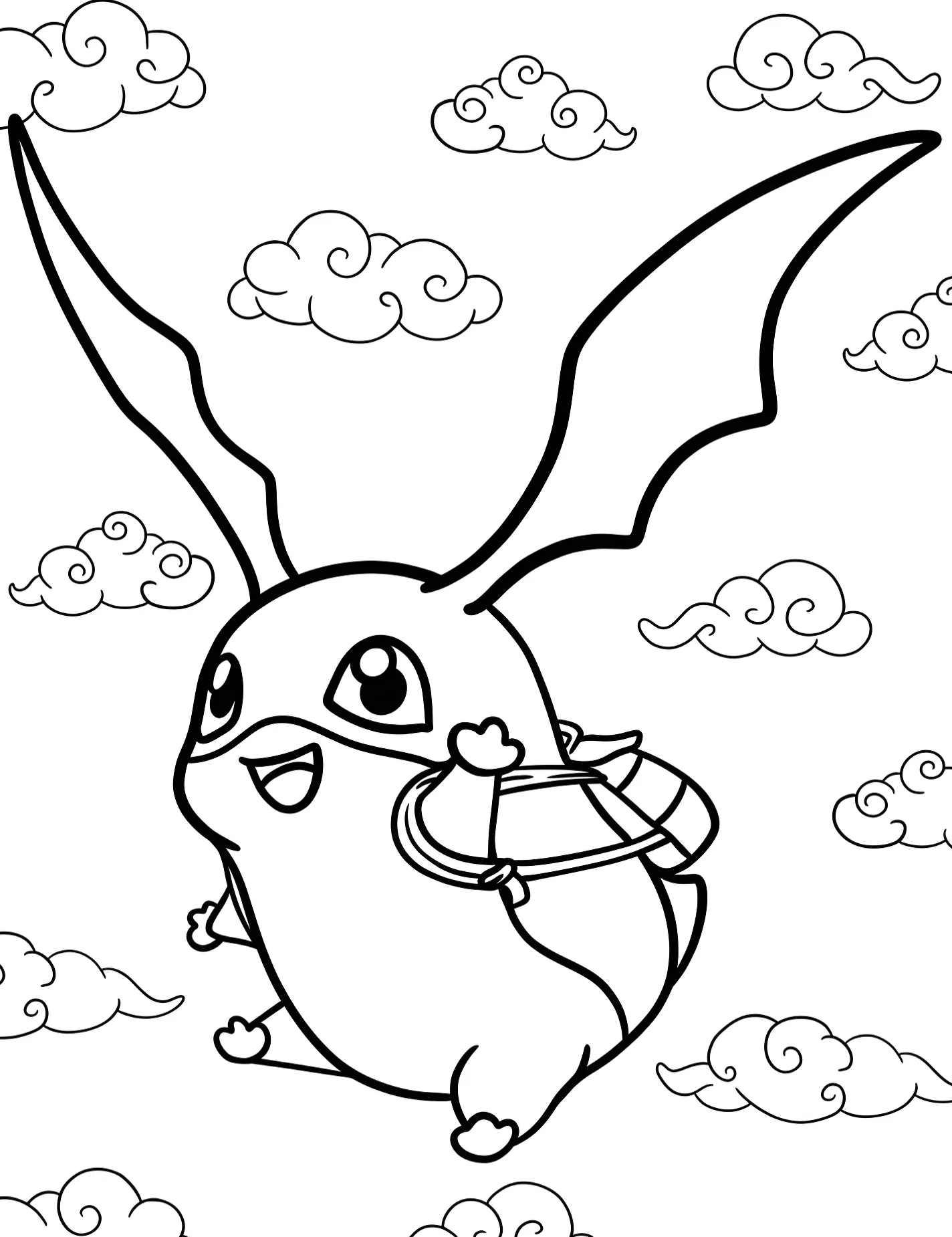 Веселый Патамон летит с рюкзаком №8725. Раскраски из мультиков. Дигимон (Digimon).