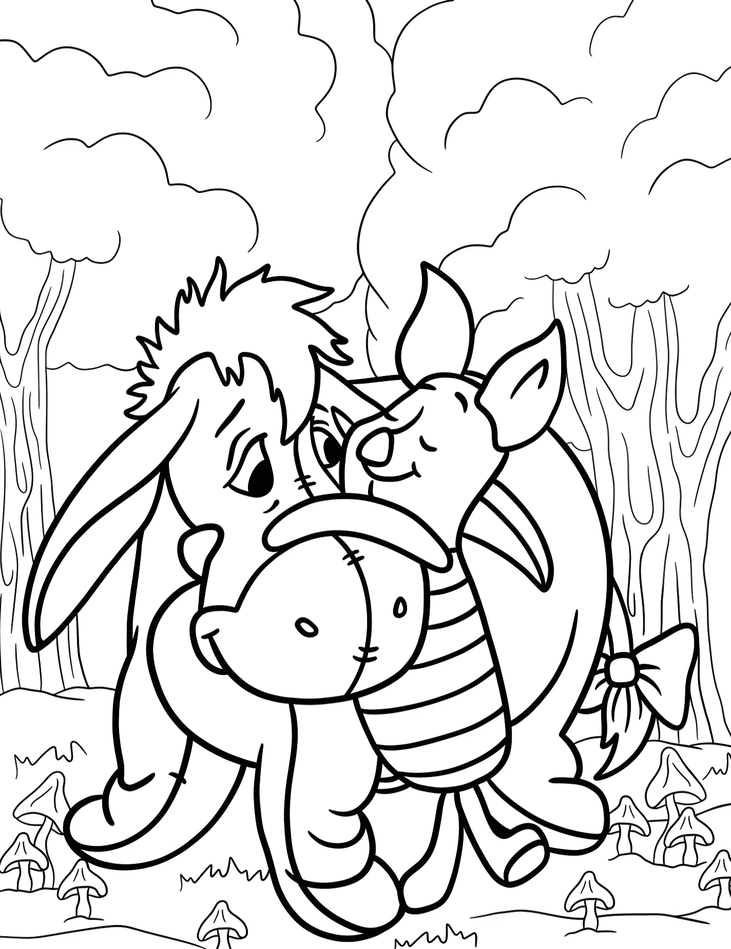 Пятачок обнимает Иа-Иа для детей №8828. Раскраски из мультиков. Иа-Иа (Eeyore).