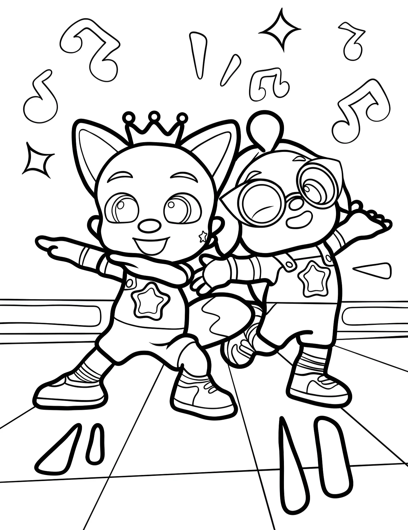Веселые Pinkfong и Hogi танцуют на сцене №9466. Раскраски из мультиков. Пинкфонг (Pinkfong).