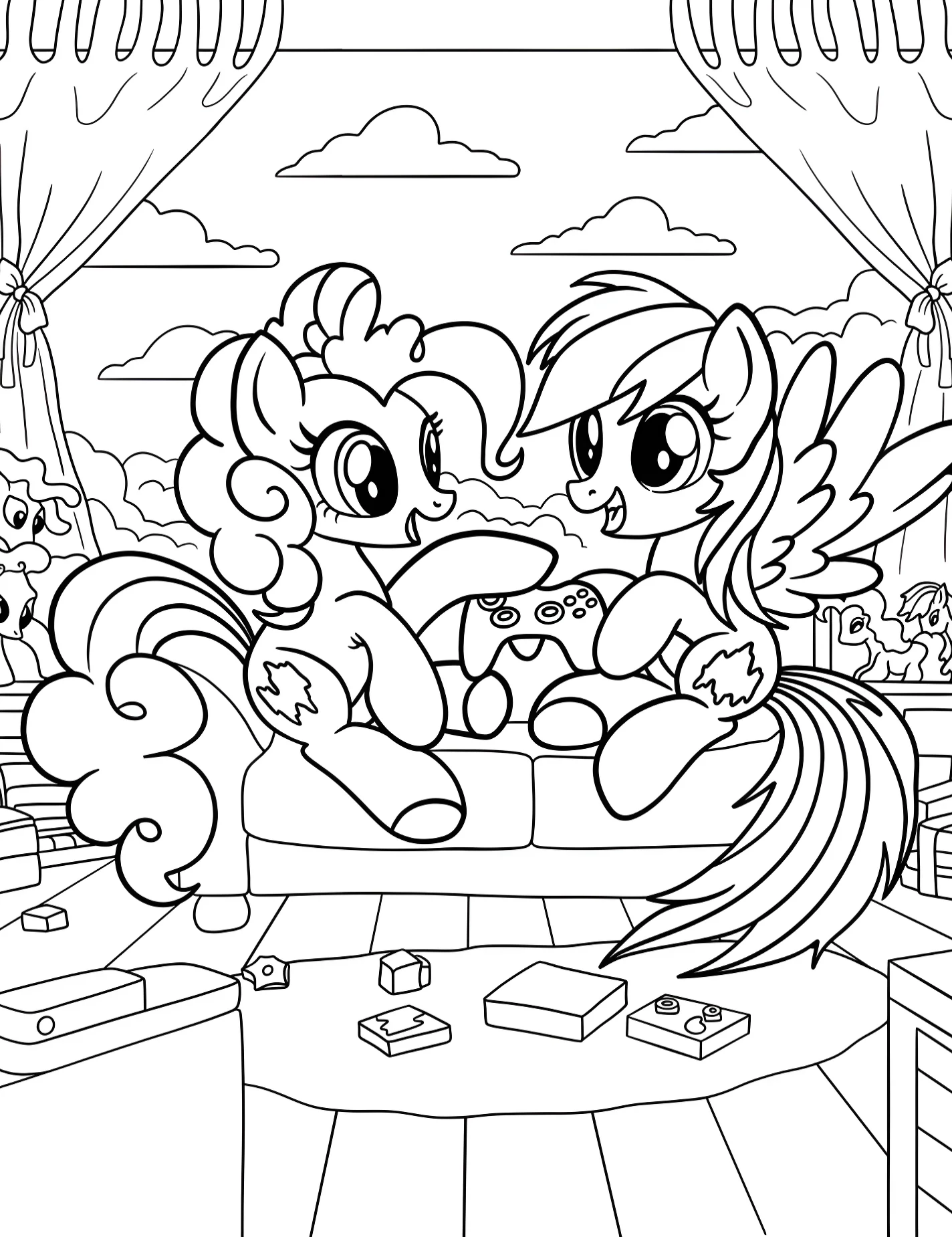 Веселые пони играют в видеоигры №9488. Раскраски из мультиков. Пинки Пай (Pinkie Pie).