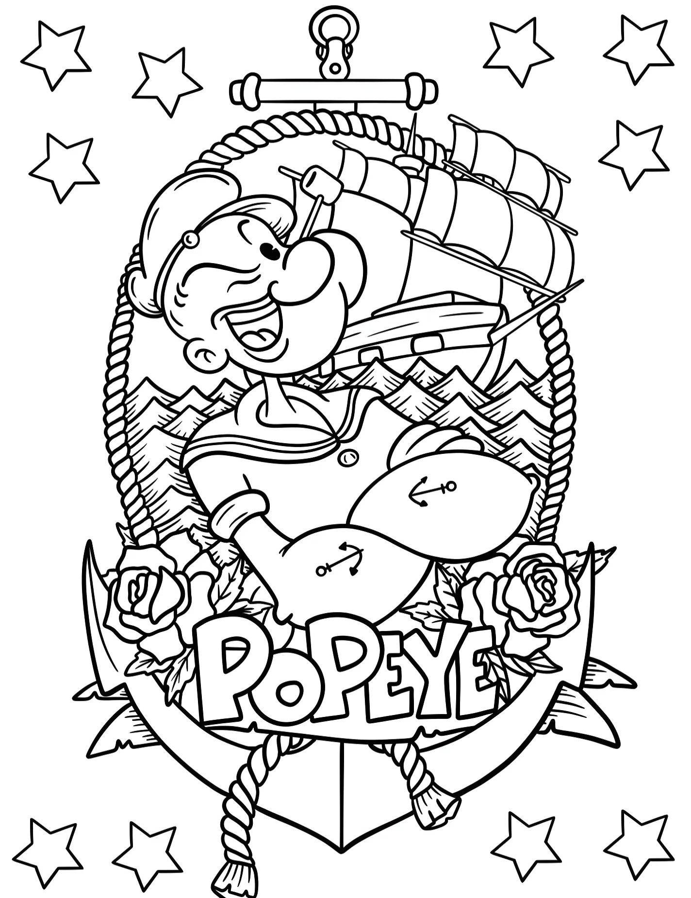 Веселый моряк Попай для детей №9581. Раскраски из мультиков. Попай (Popeye).