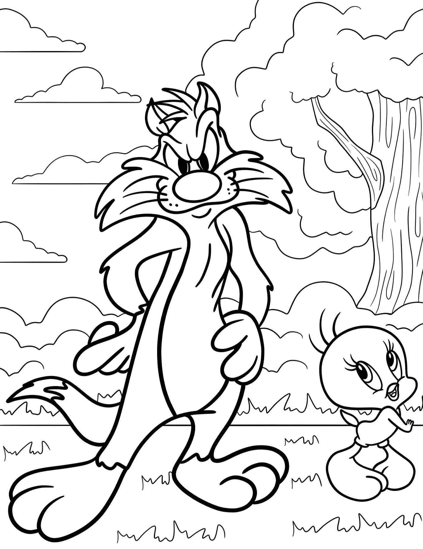 Коварный Сильвестр и Tweety в саду для детей №10253. Раскраски из мультиков. Твити (Tweety Bird).