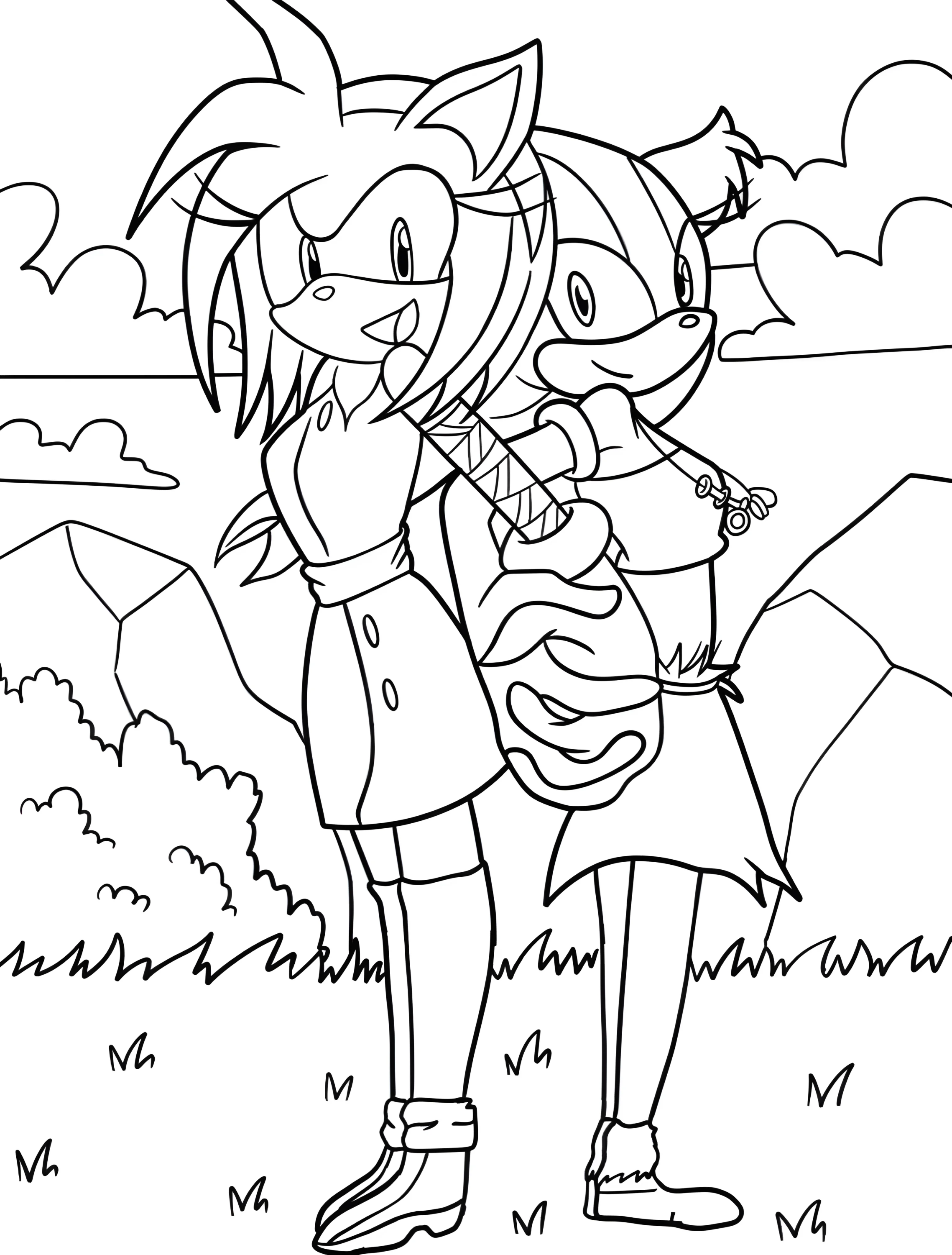 Эми и Стикс держатся за руки №5979. Раскраски из игр. Эми Роуз (Amy Rose).
