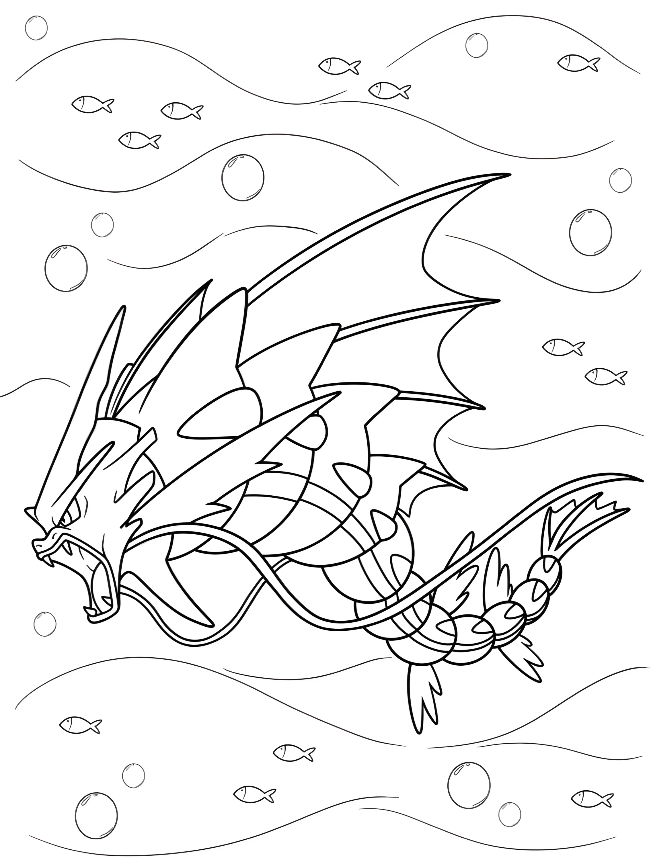 Злой Gyarados плавает в океане №6584. Раскраски из игр. Гьярадос (Gyarados).