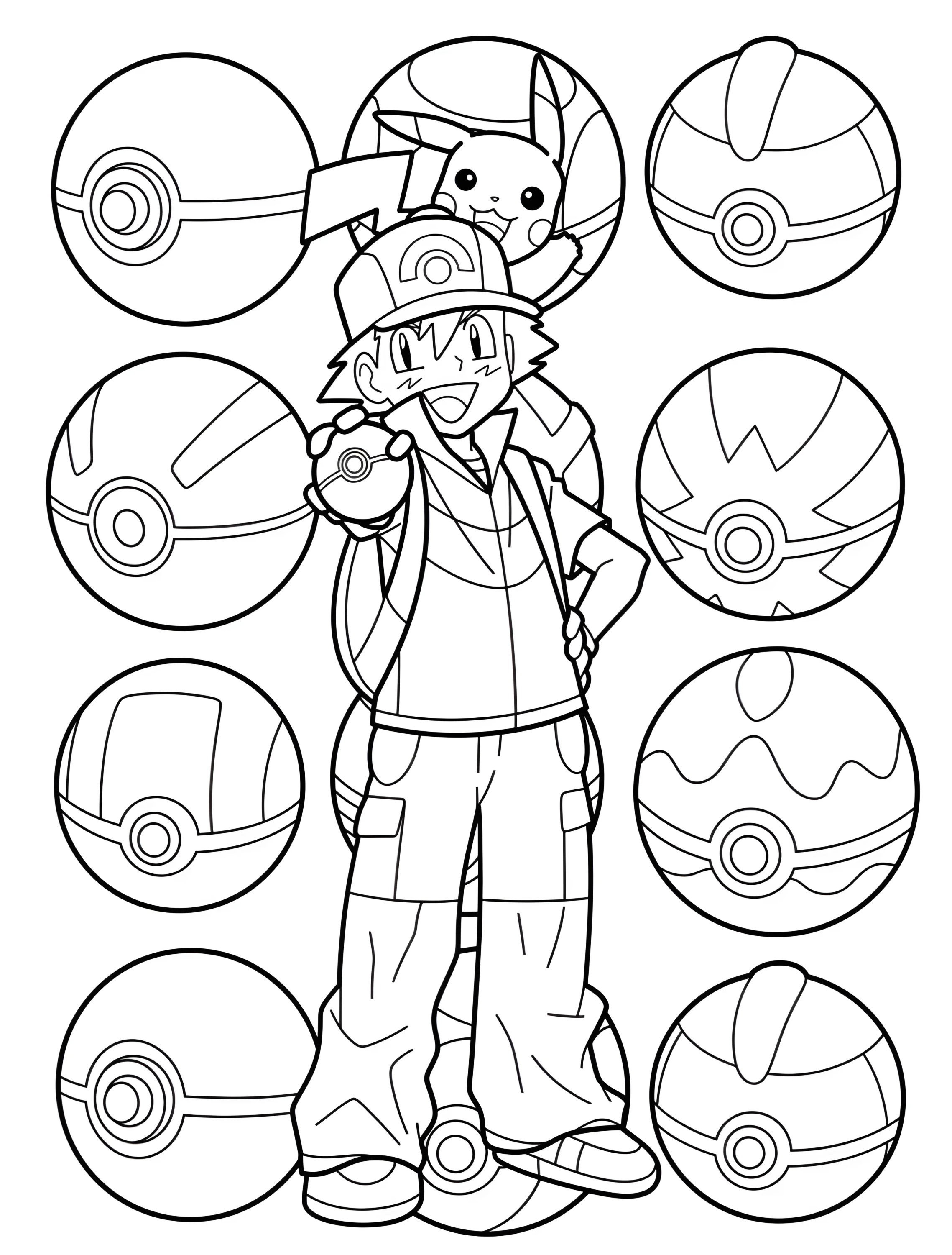 Эш Кетчум и Пикачу с покеболами №6067. Раскраски из игр. Эш Кетчум (Ash Ketchum).