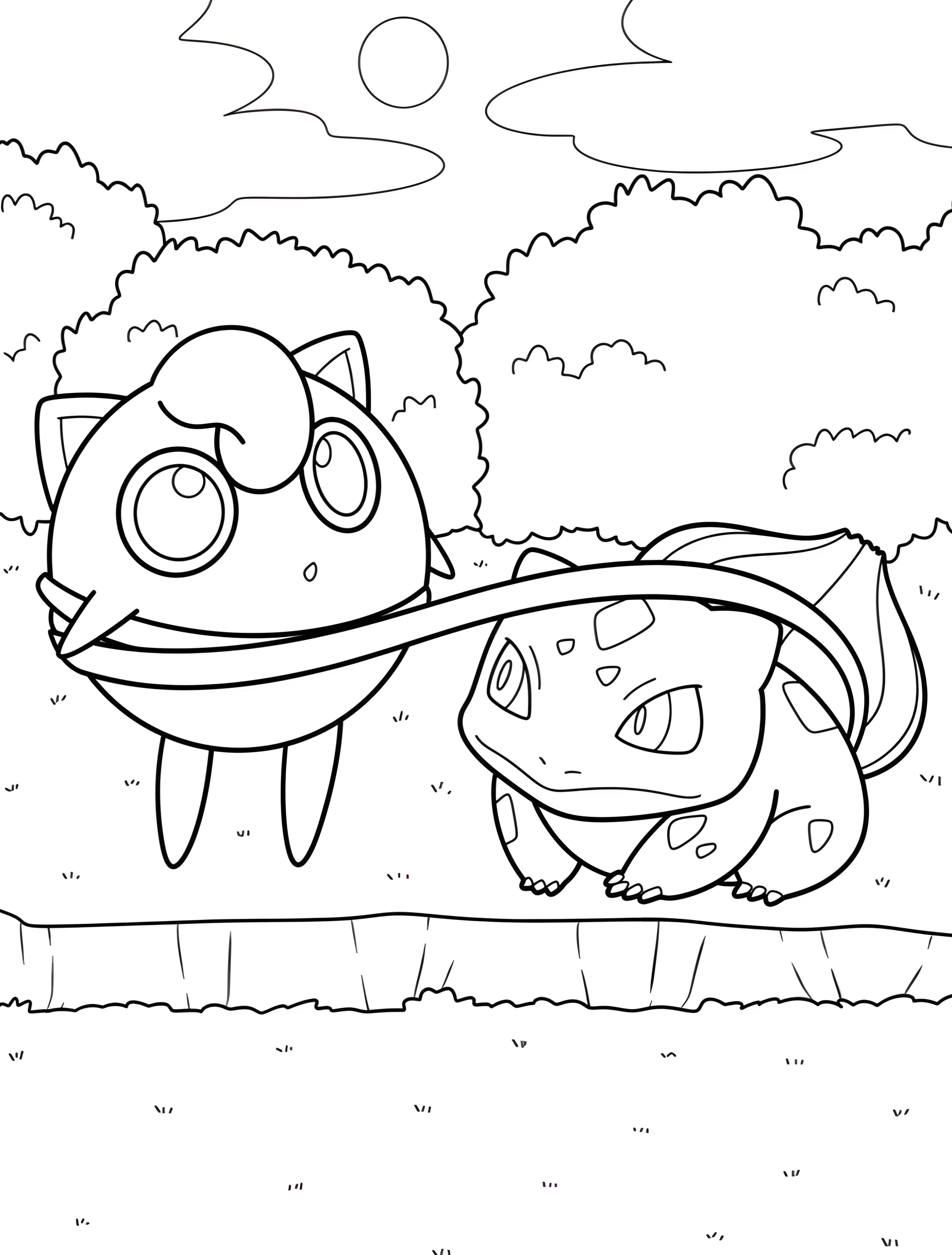 Веселый Bulbasaur поднимает Jigglypuff №6664. Раскраски из игр. Джигглипафф (Jigglypuff).