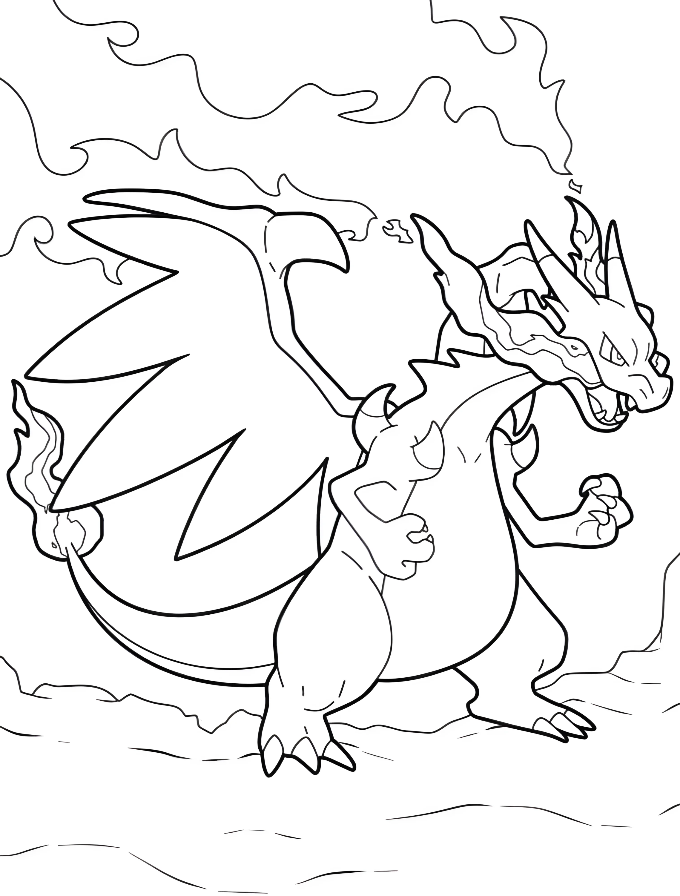Дракон извергает пламя для детей №6200. Раскраски из игр. Чаризард (Charizard).