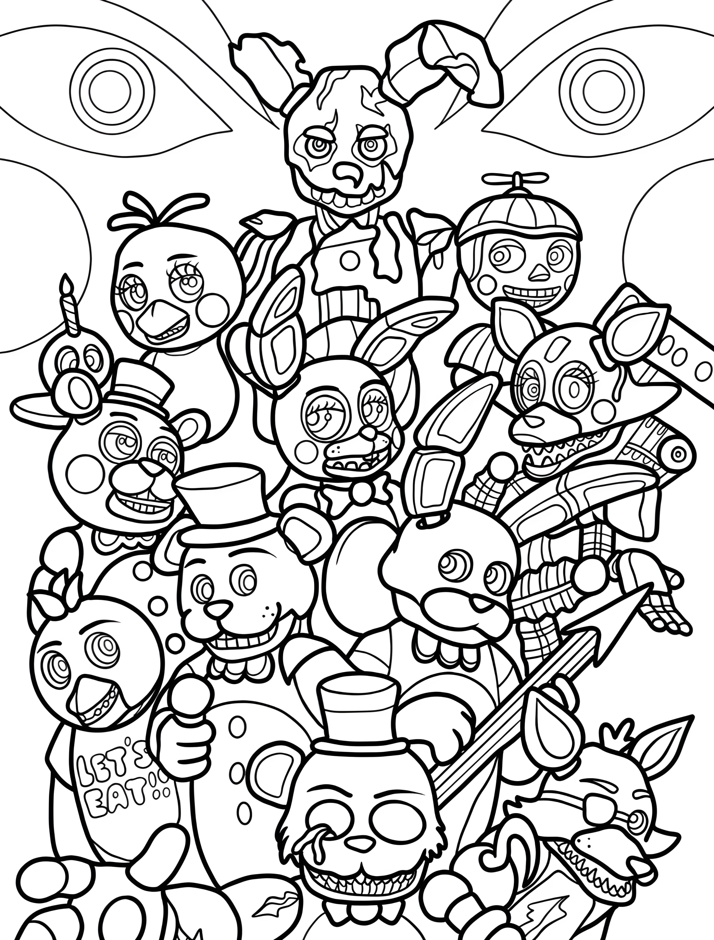 Веселые аниматроники из Five Nights at Freddy’s №6385. Раскраски из игр. Пять ночей с Фредди (Five Nights at Freddy’s).