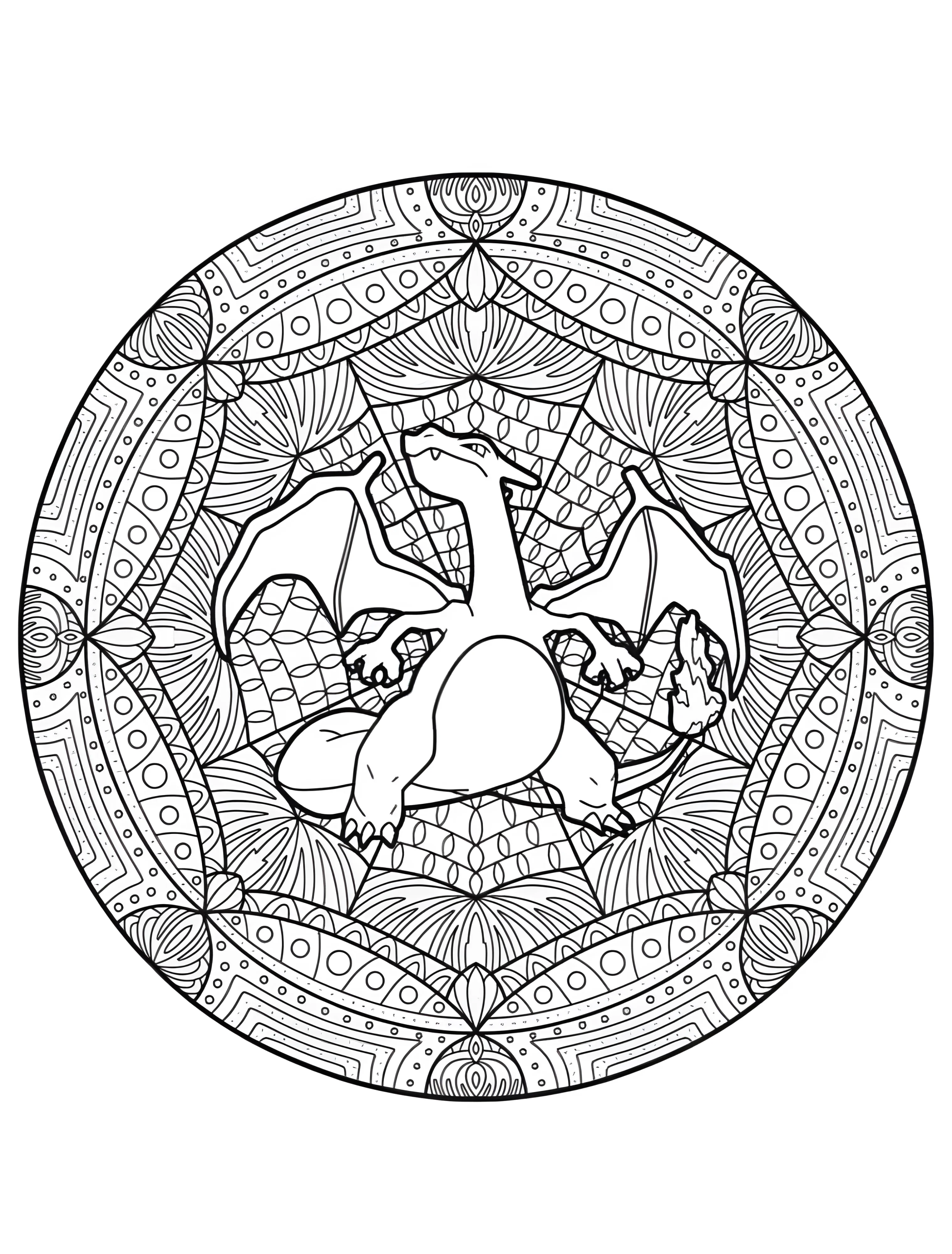 Дракон Чарizard в мандале для детей №7347. Раскраски из игр. Покемон (Pokemon).