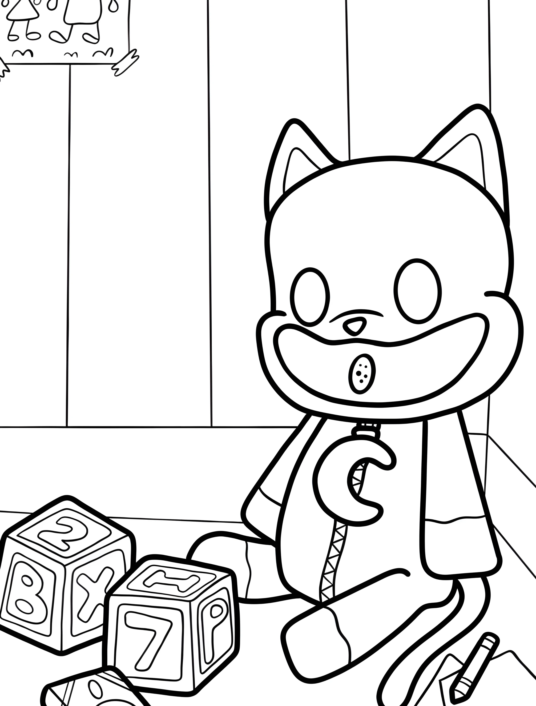 Милый котенок играет с кубиками для детей №7442. Раскраски из игр. Поппи Плейтайм (Poppy Playtime).