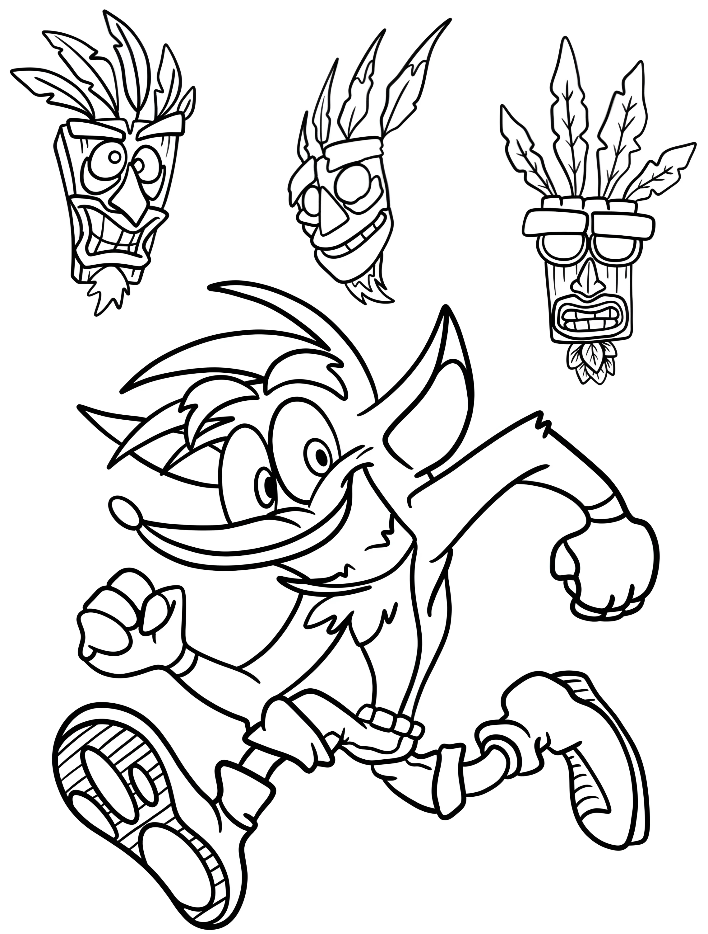 Весёлый Crash Bandicoot бежит с маской Aku Aku №6272. Раскраски из игр. Крэш Бандикут (Crash Bandicoot).