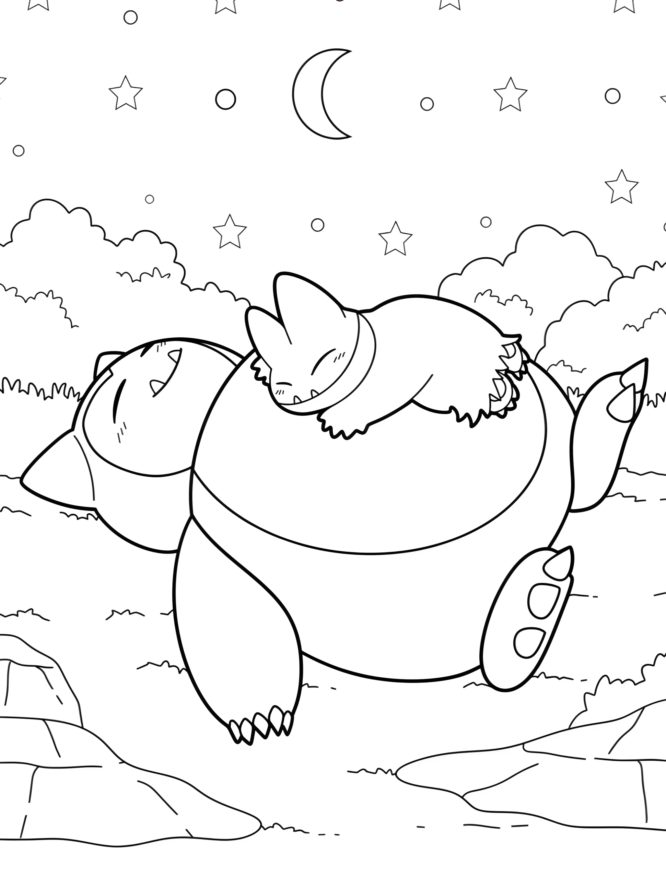 Милый Снорлакс спит под звездами №7710. Раскраски из игр. Снорлакс (Snorlax).