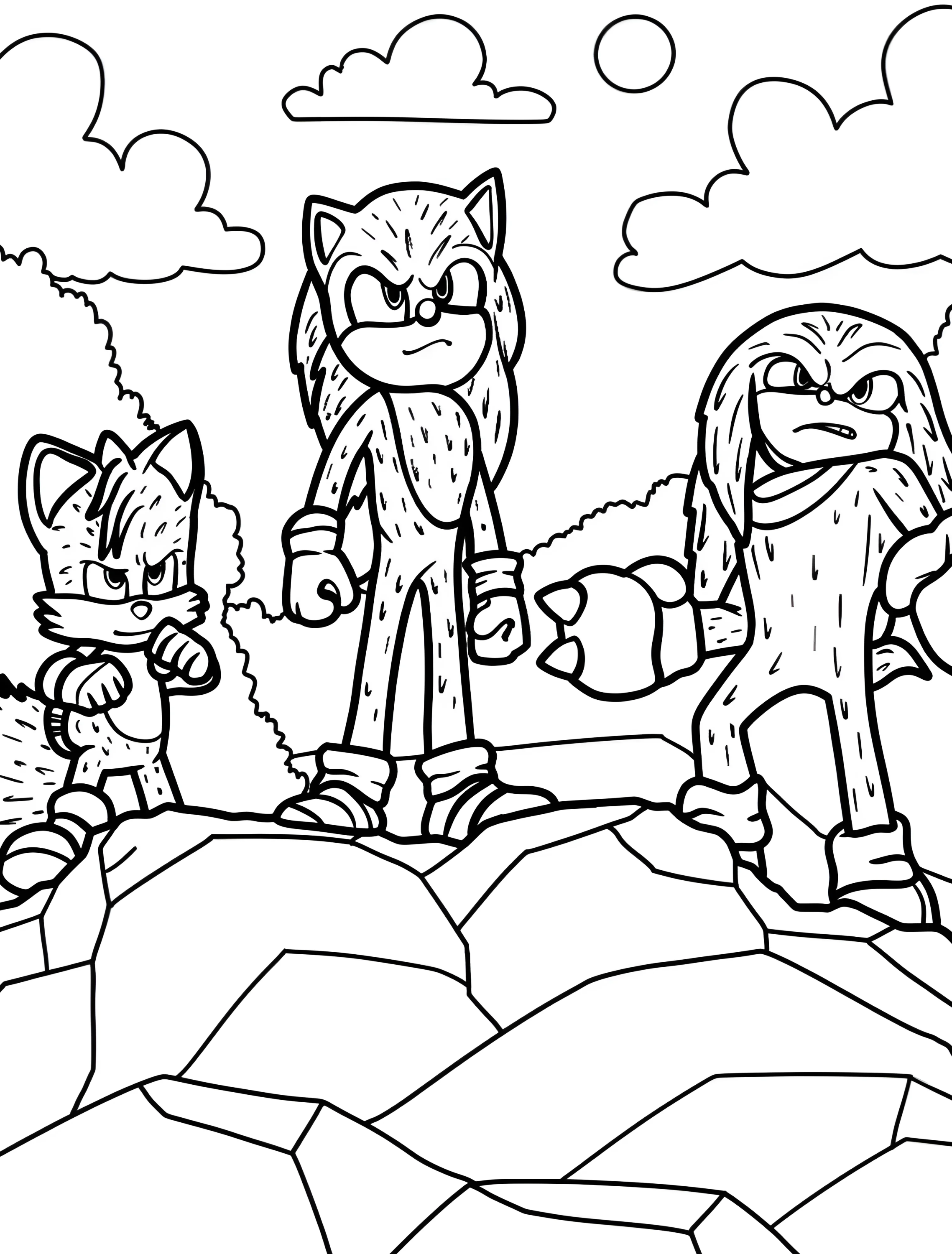 Соник, Тейлз и Наклз на скале №8032. Раскраски из игр. Тейлз (Tails).