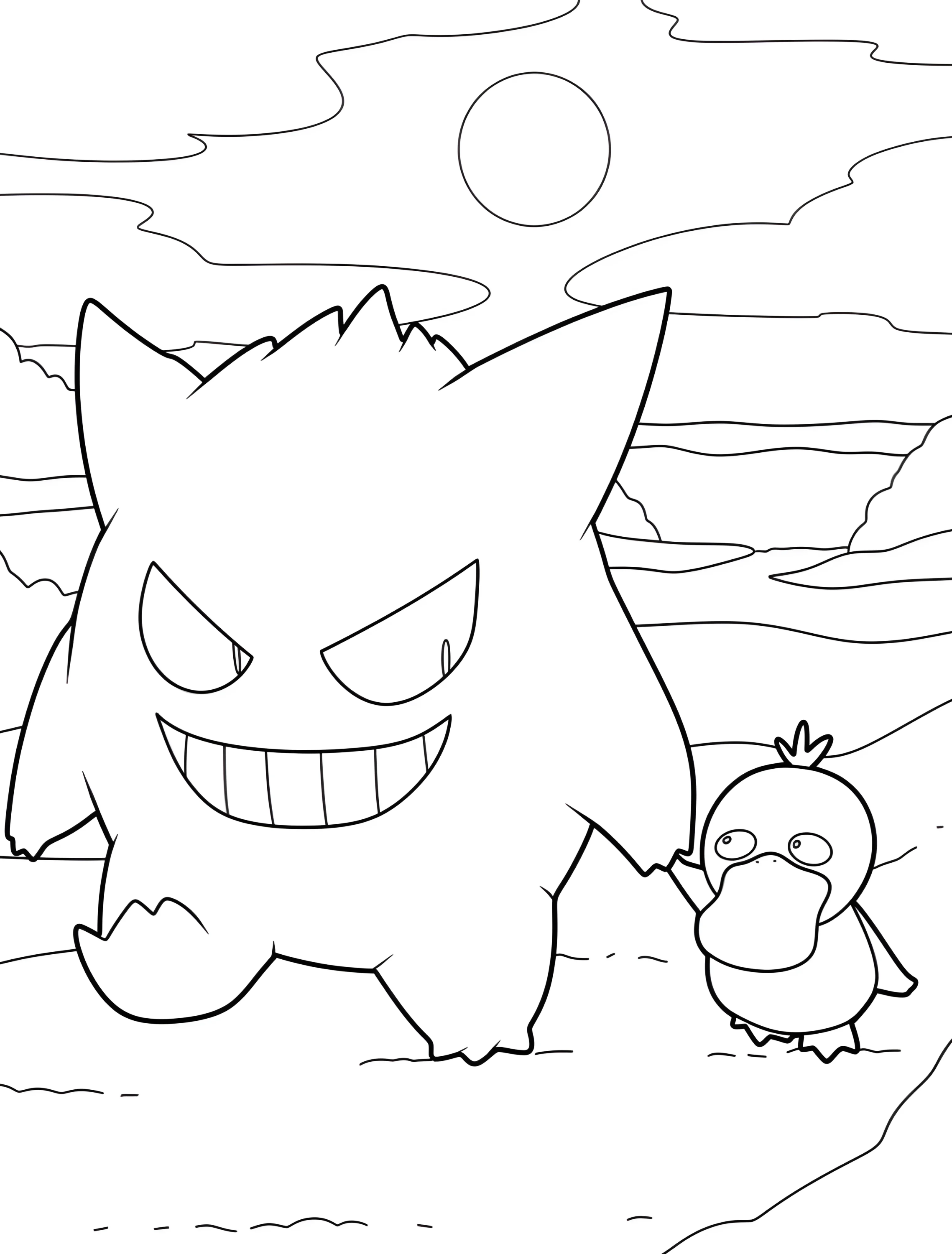 Забавный Генгар с уткой для детей №6551. Раскраски из игр. Генгар (Gengar).