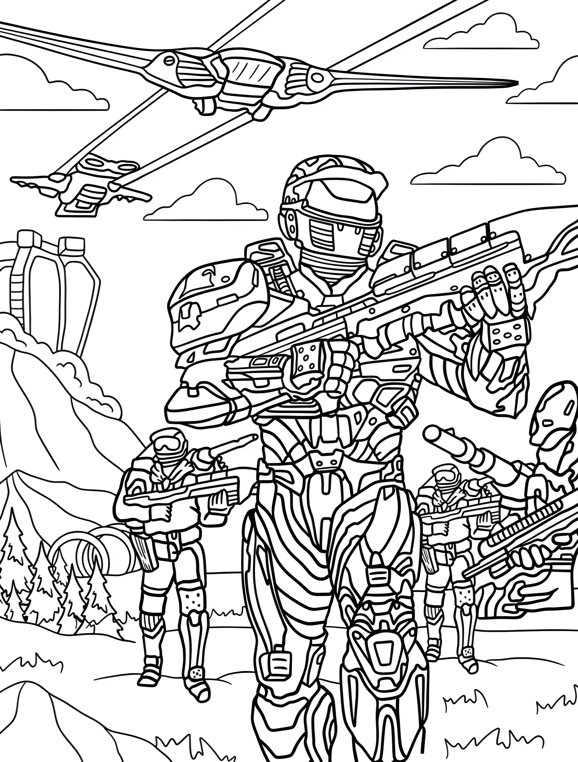 Мастер Чиф и группа солдат для детей №6637. Раскраски из игр. Хейло (Halo).