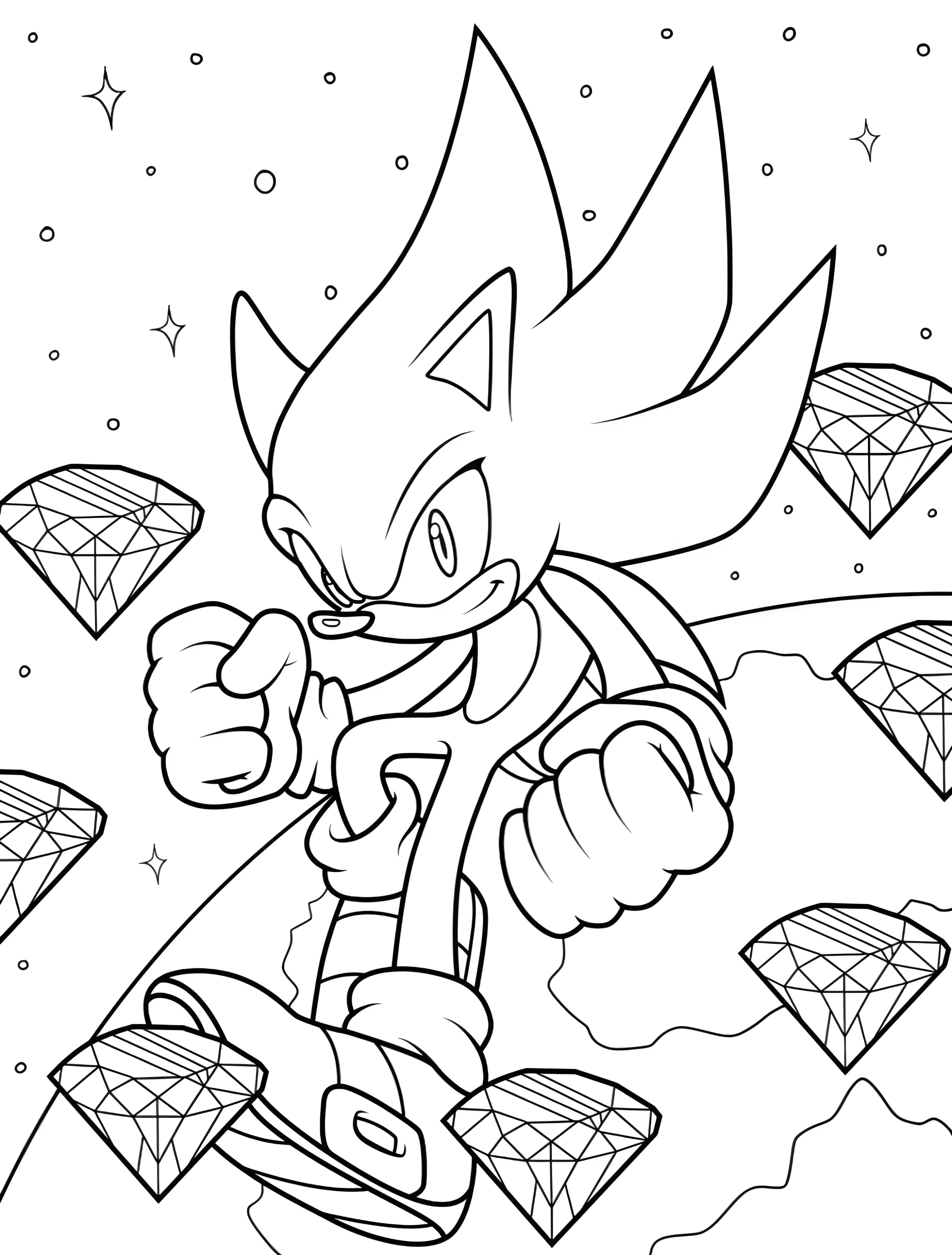 Соник в космосе с изумрудами хаоса №6650. Раскраски из игр. Гипер Соник (Hyper Sonic).