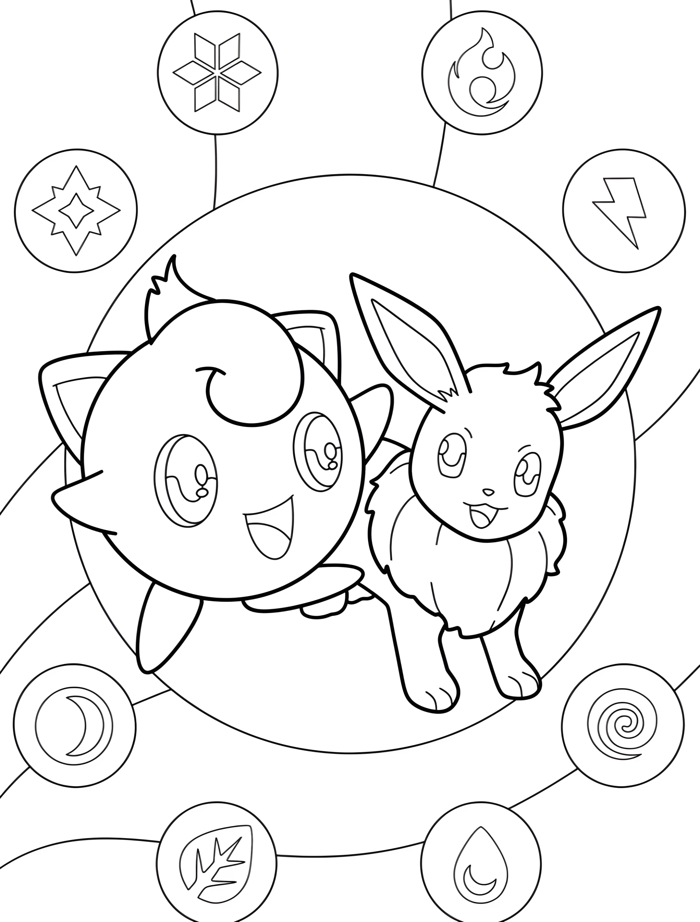 Милые покемоны Jigglypuff и Eevee для детей №6674. Раскраски из игр. Джигглипафф (Jigglypuff).