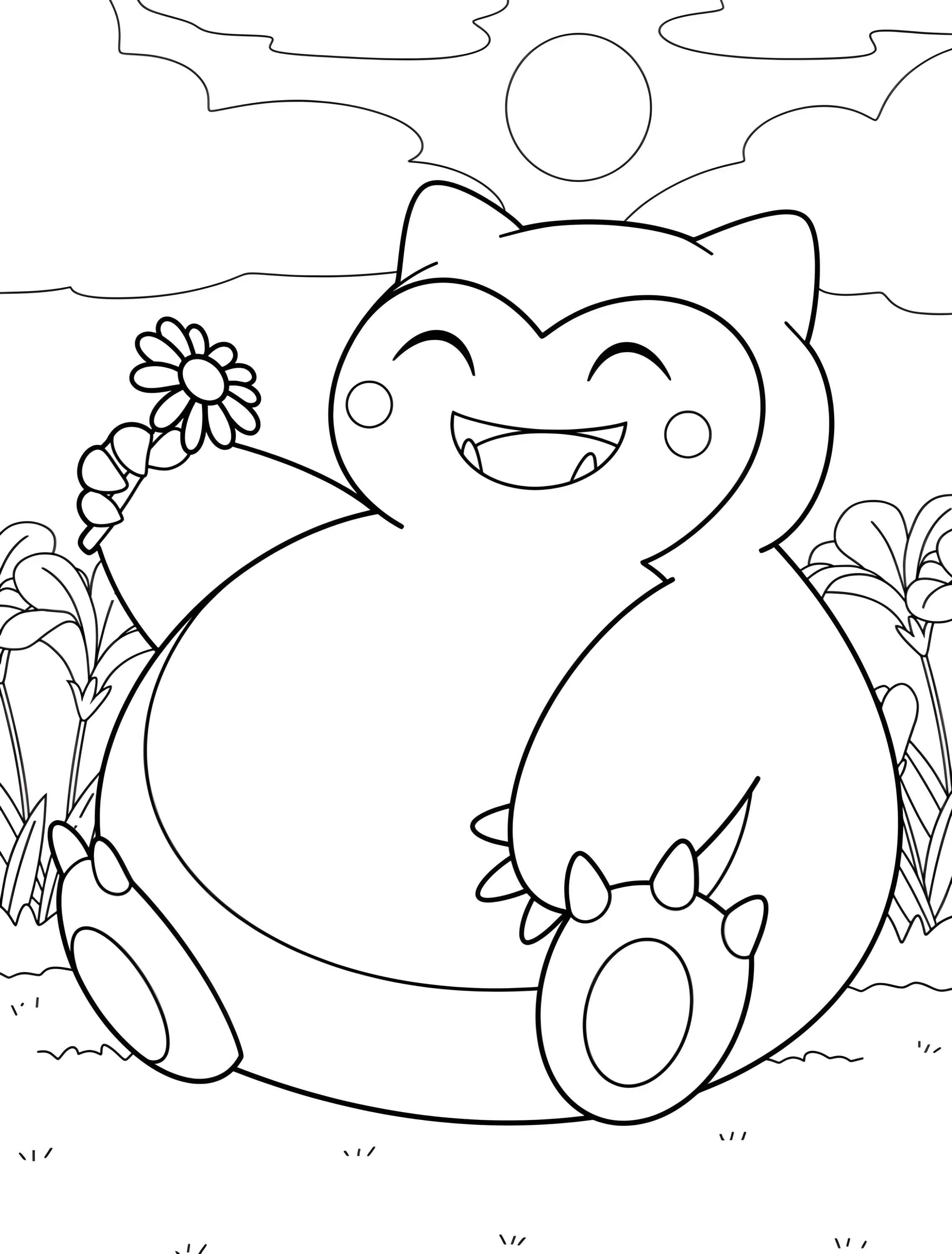 Милый Снорлакс с цветком для детей №7716. Раскраски из игр. Снорлакс (Snorlax).