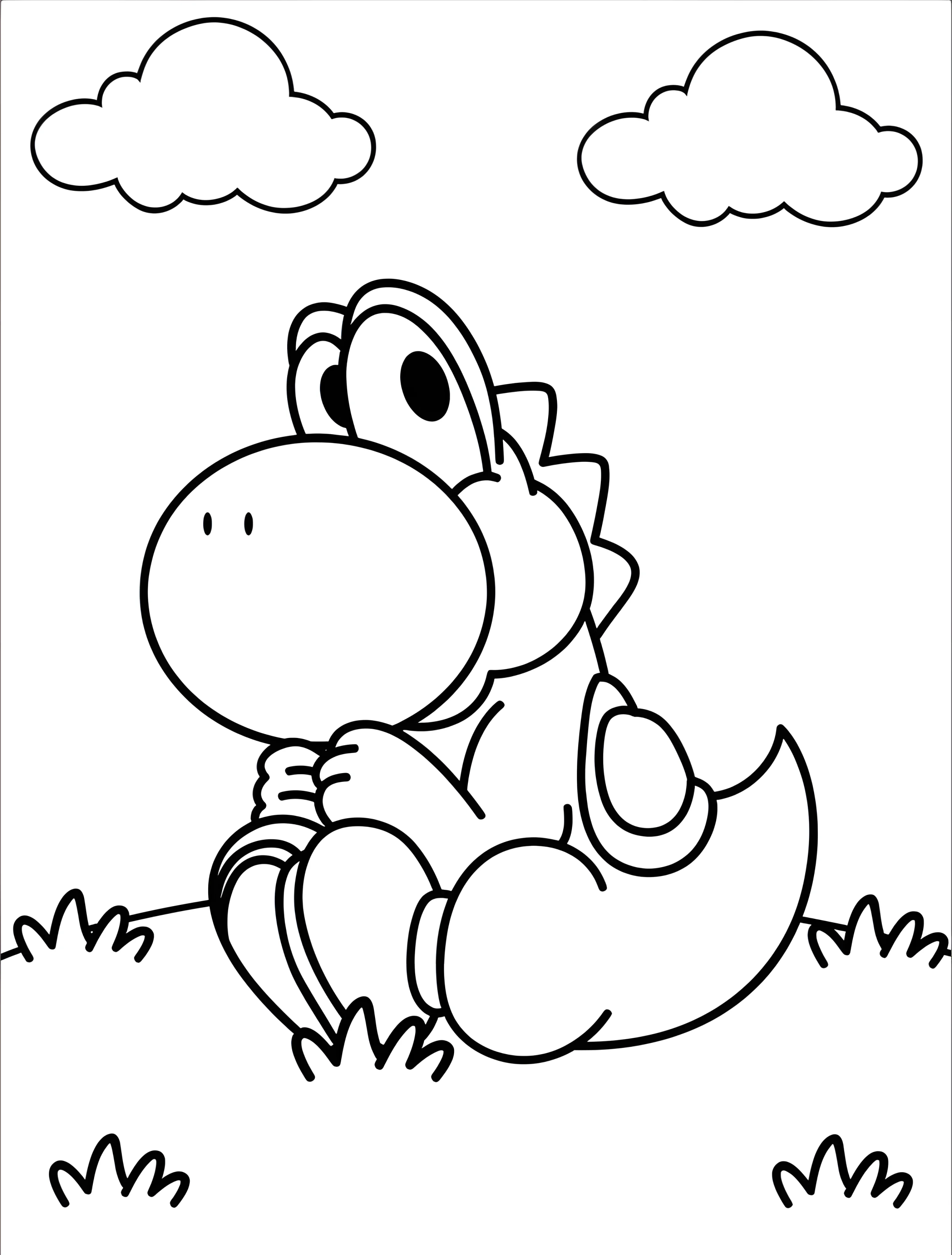 Милый Йоши сидит на лугу для детей №8192. Раскраски из игр. Йоши (Yoshi).