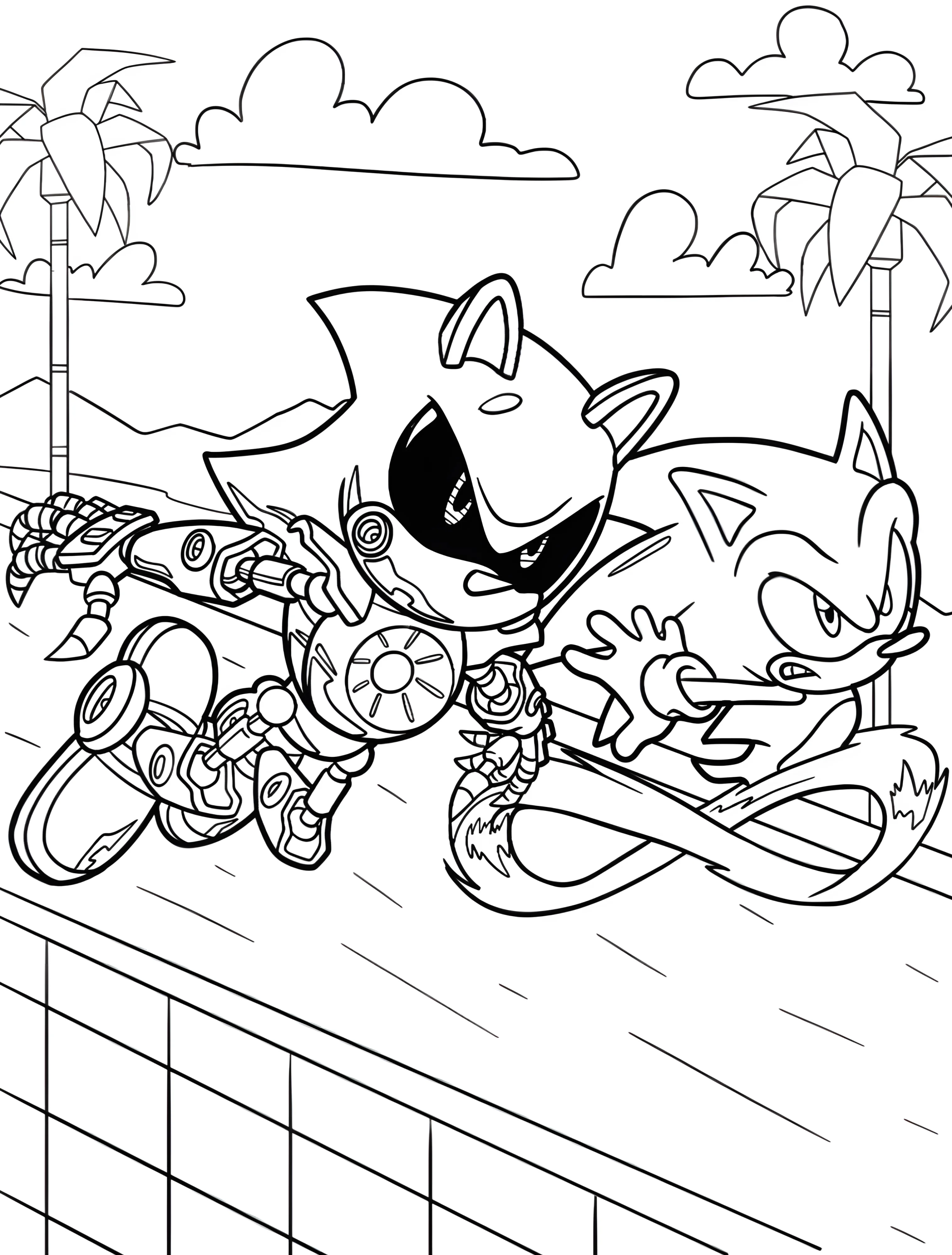 Соник и Метал Соник мчатся по дороге №6999. Раскраски из игр. Метал Соник (Metal Sonic).