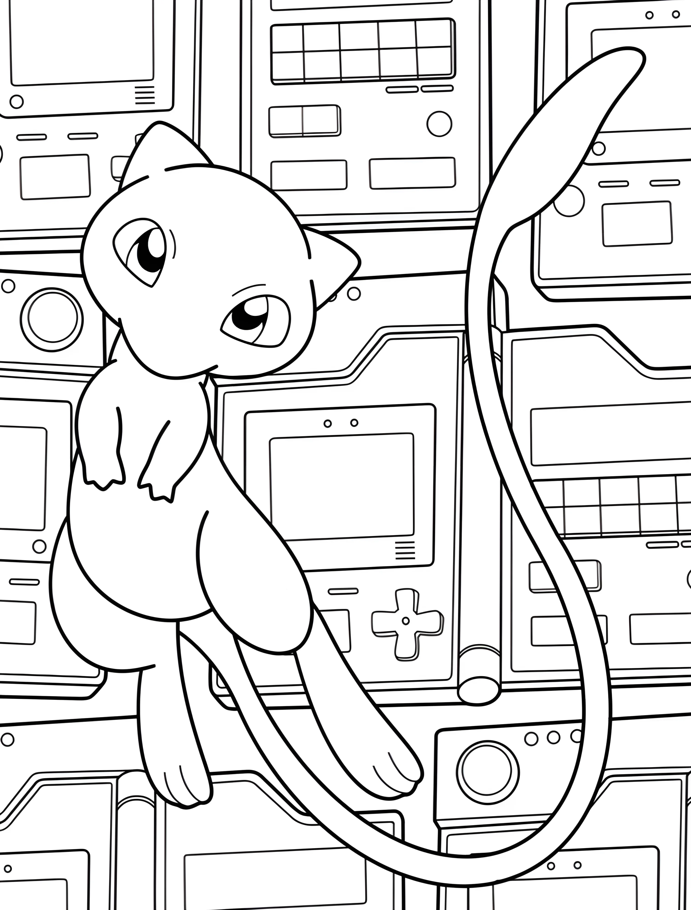 Милый Мью перед игровым консоли №7028. Раскраски из игр. Мью (Mew).