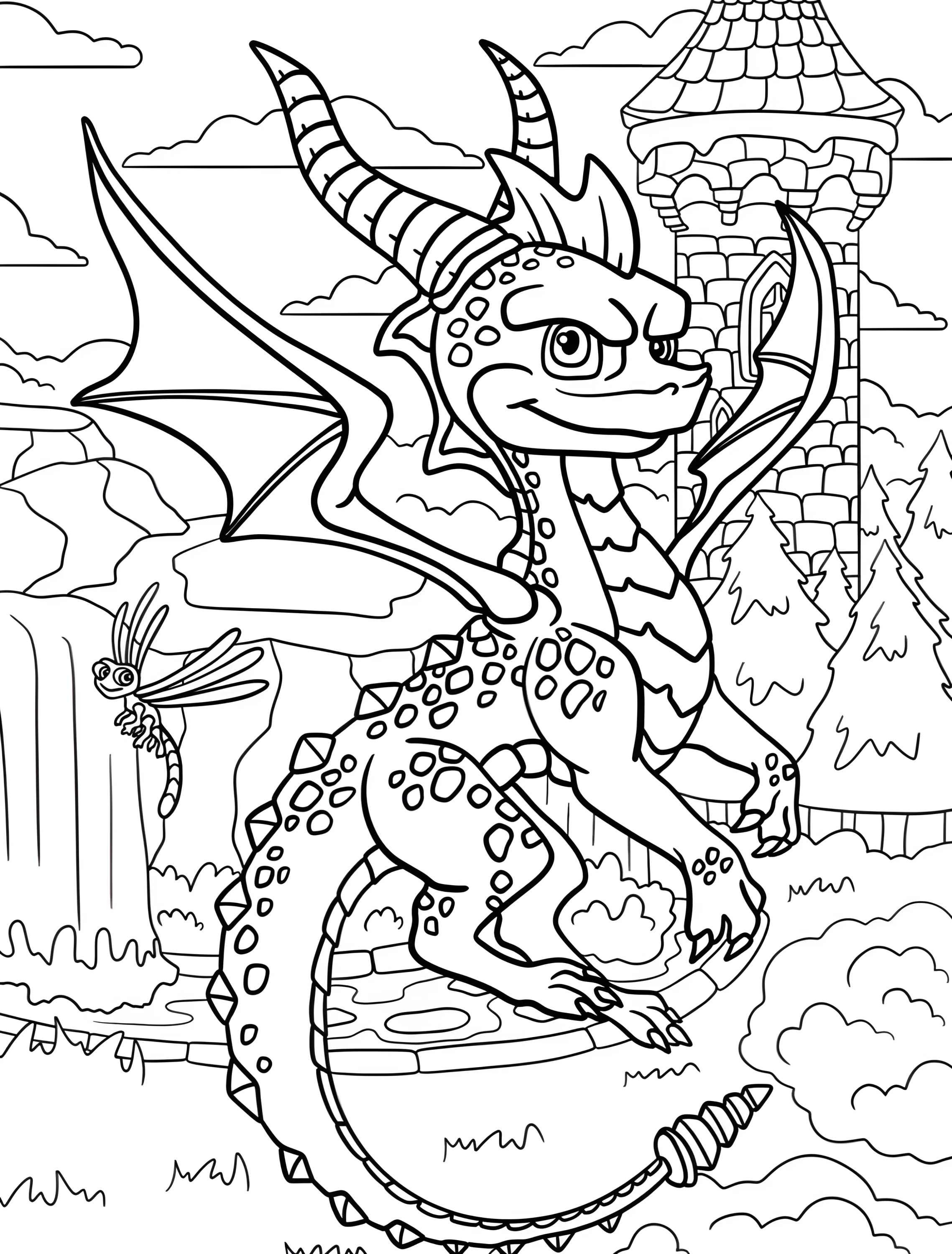 Дракон Спиро летит к замку для детей №7851. Раскраски из игр. Спайро (Spyro).