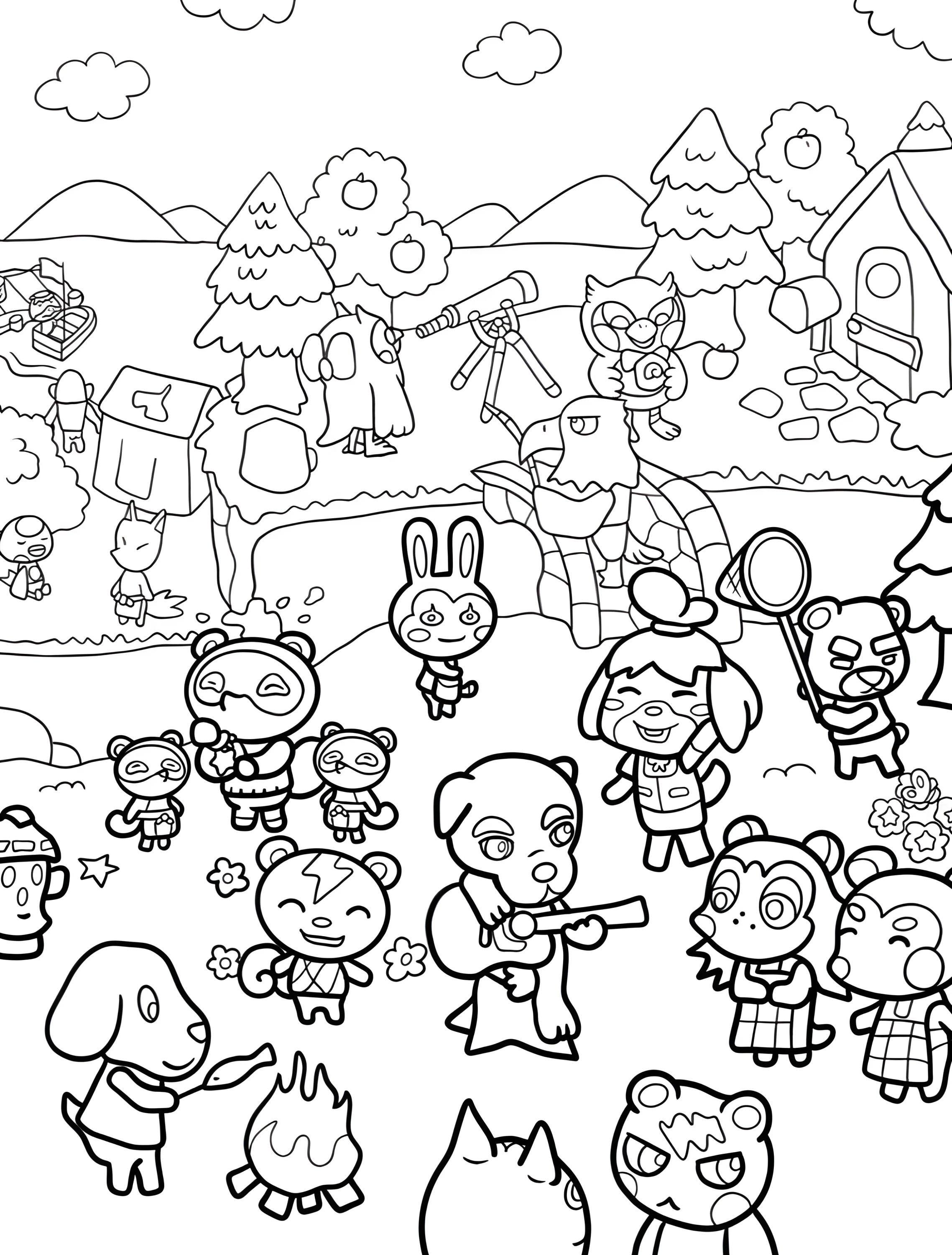 Веселые животные играют на природе №6043. Раскраски из игр. Энимал Кроссинг (Animal Crossing).