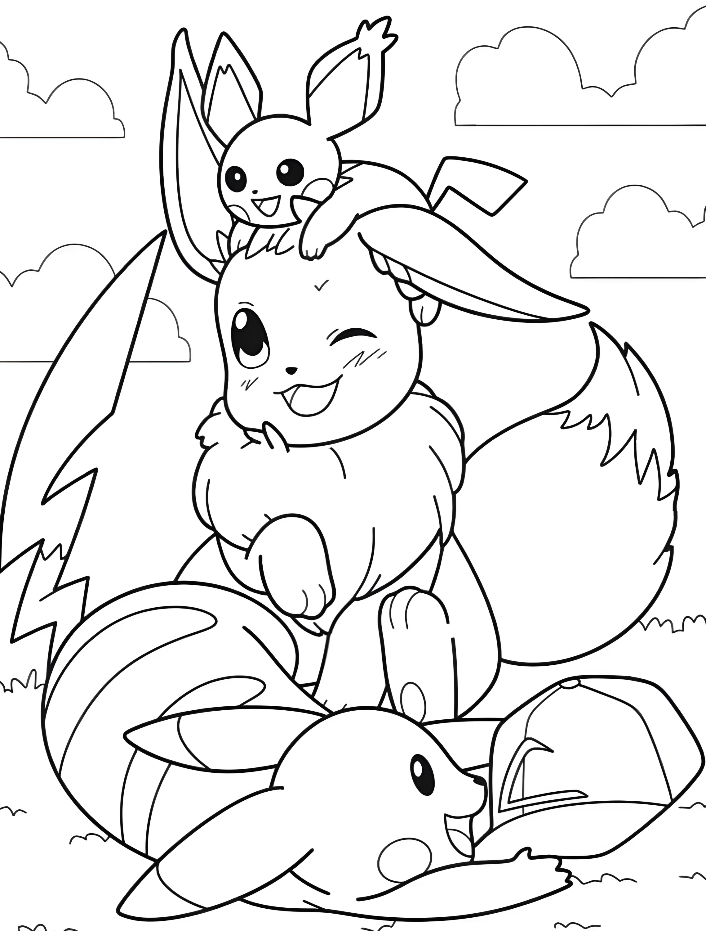 Веселые покемоны Пичу, Иви и Пикачу №7223. Раскраски из игр. Пикачу (Pikachu).