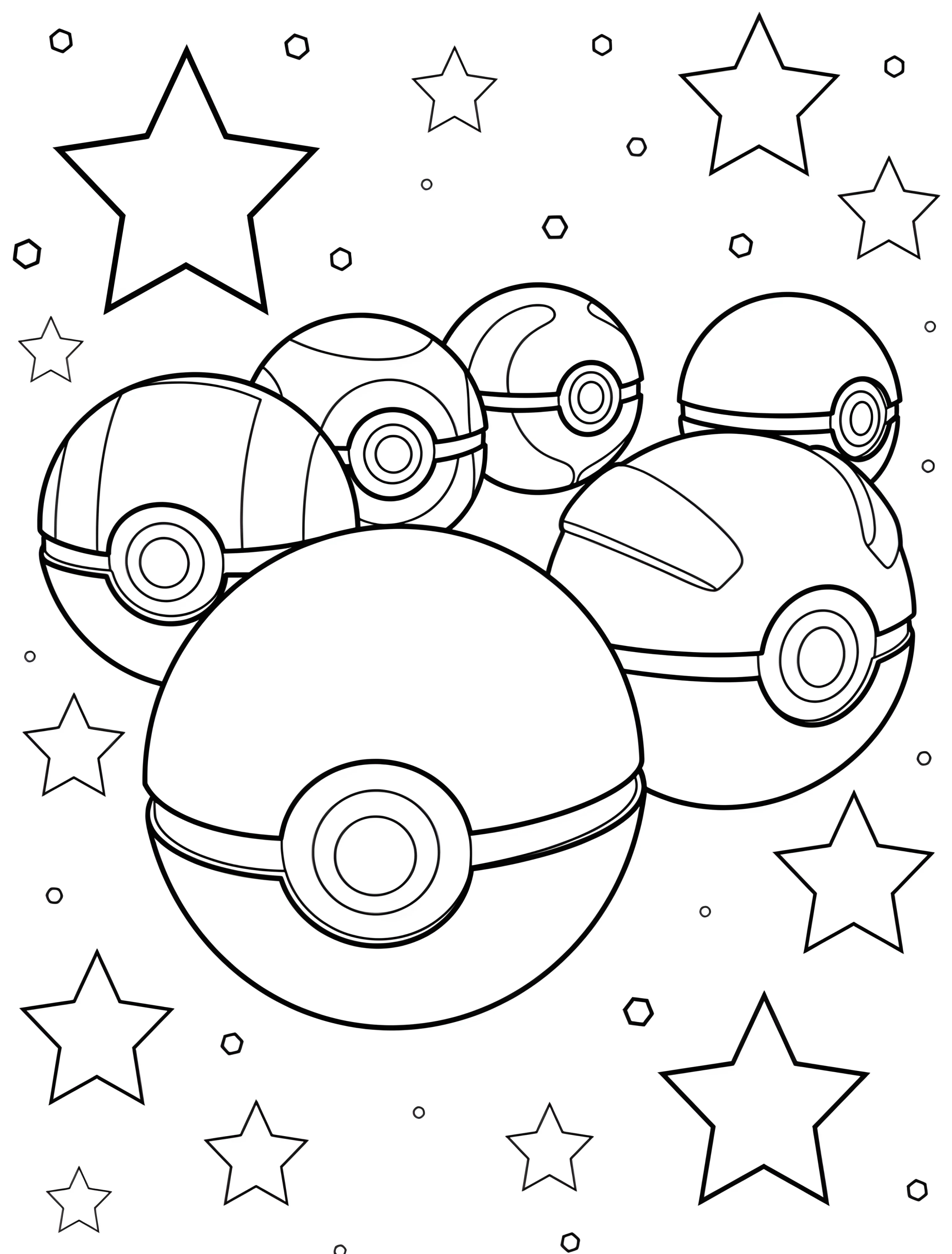 Яркие покеболы в окружении звезд №7283. Раскраски из игр. Покебол (Pokeball).