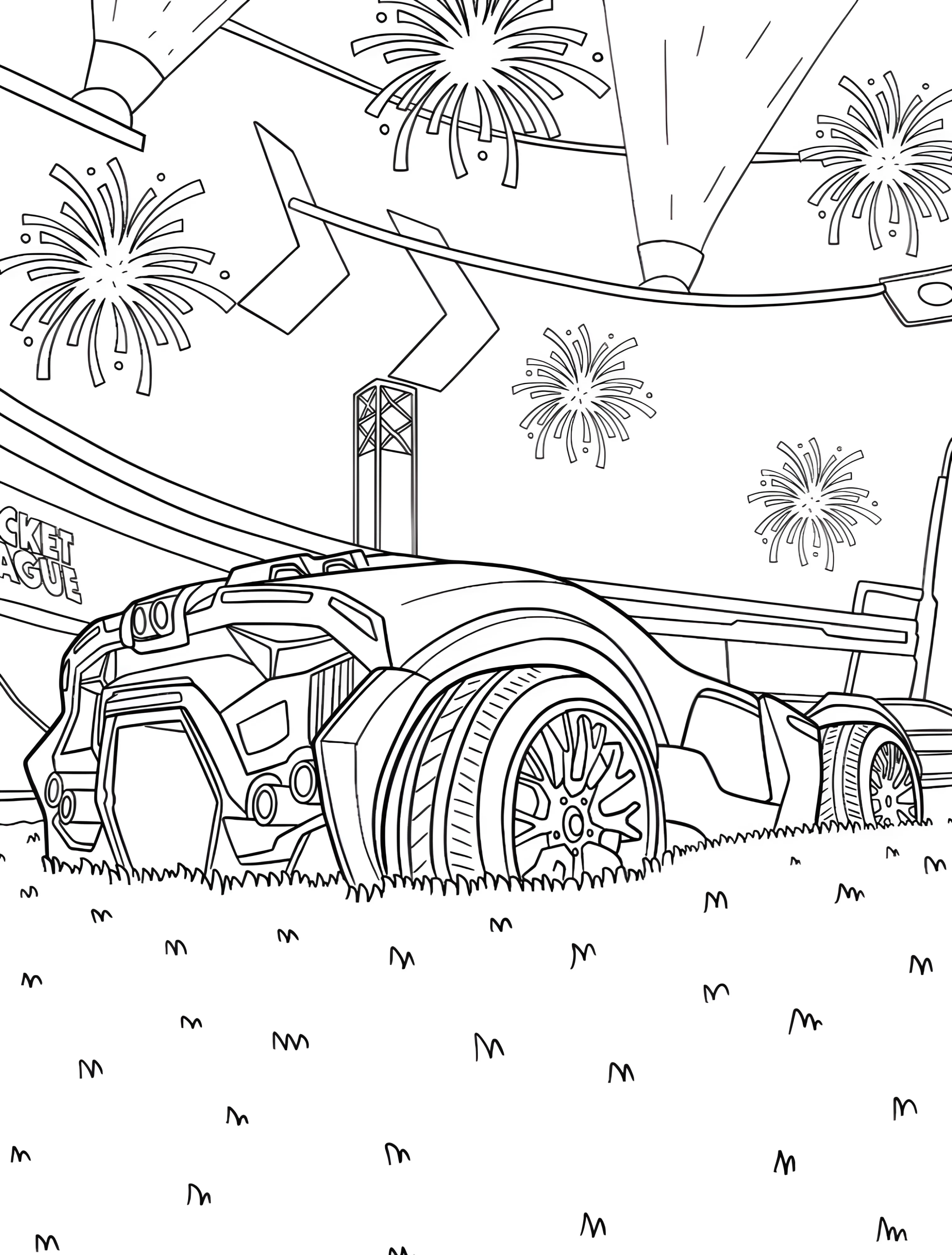 Машина Rocket League на фоне фейерверков №7614. Раскраски из игр. Рокет Лига (Rocket League).