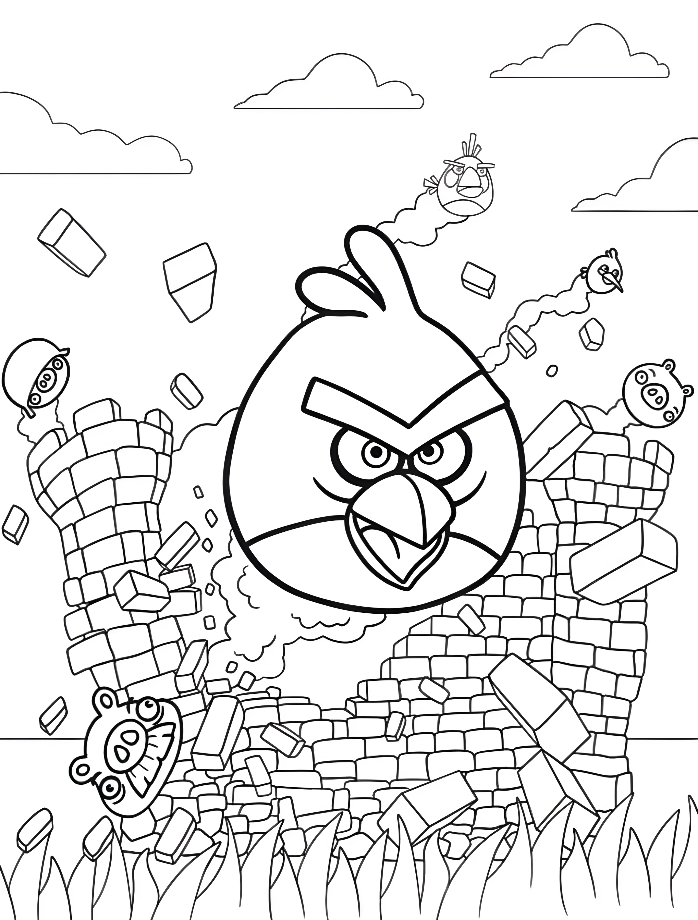 Красный Angry Birds крушит крепость с похищенными поросятами №6022. Раскраски из игр. Злые птички (Angry Birds).