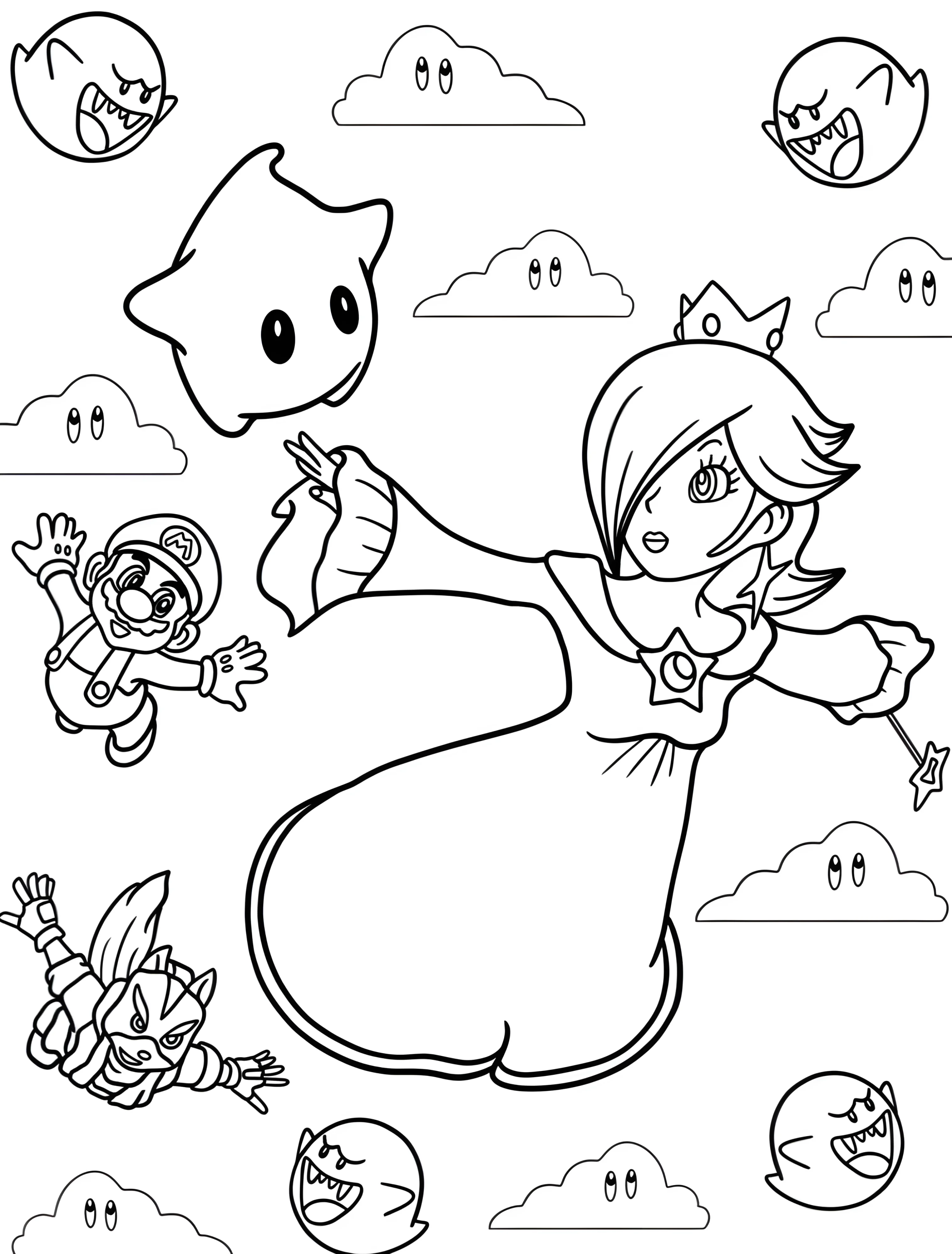 Розалина летит в небе с Лумой и Марио №7640. Раскраски из игр. Розалина (Rosalina).